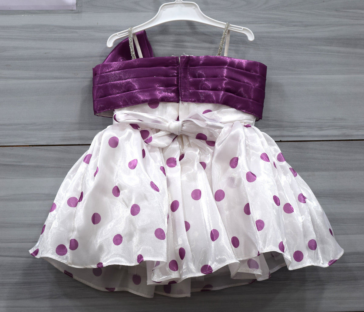 White and Purple Fancy Baby Girl Frock with Polka Dot Print and Satin Bow