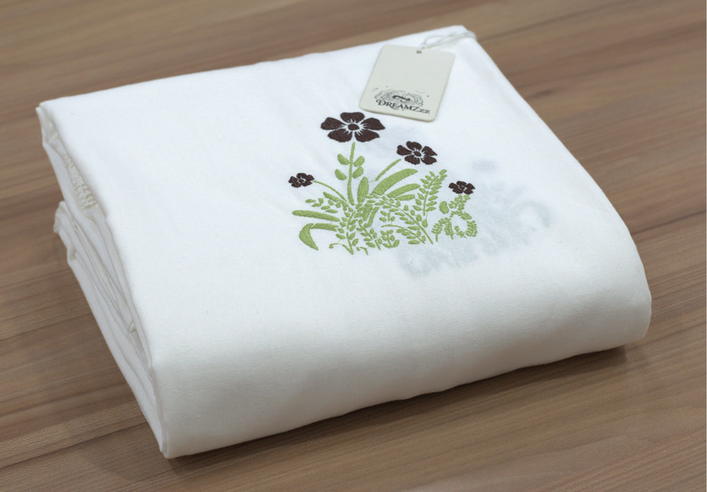 King Size White Cotton Bedspread with Floral Embroidery | 100 × 110 Inches