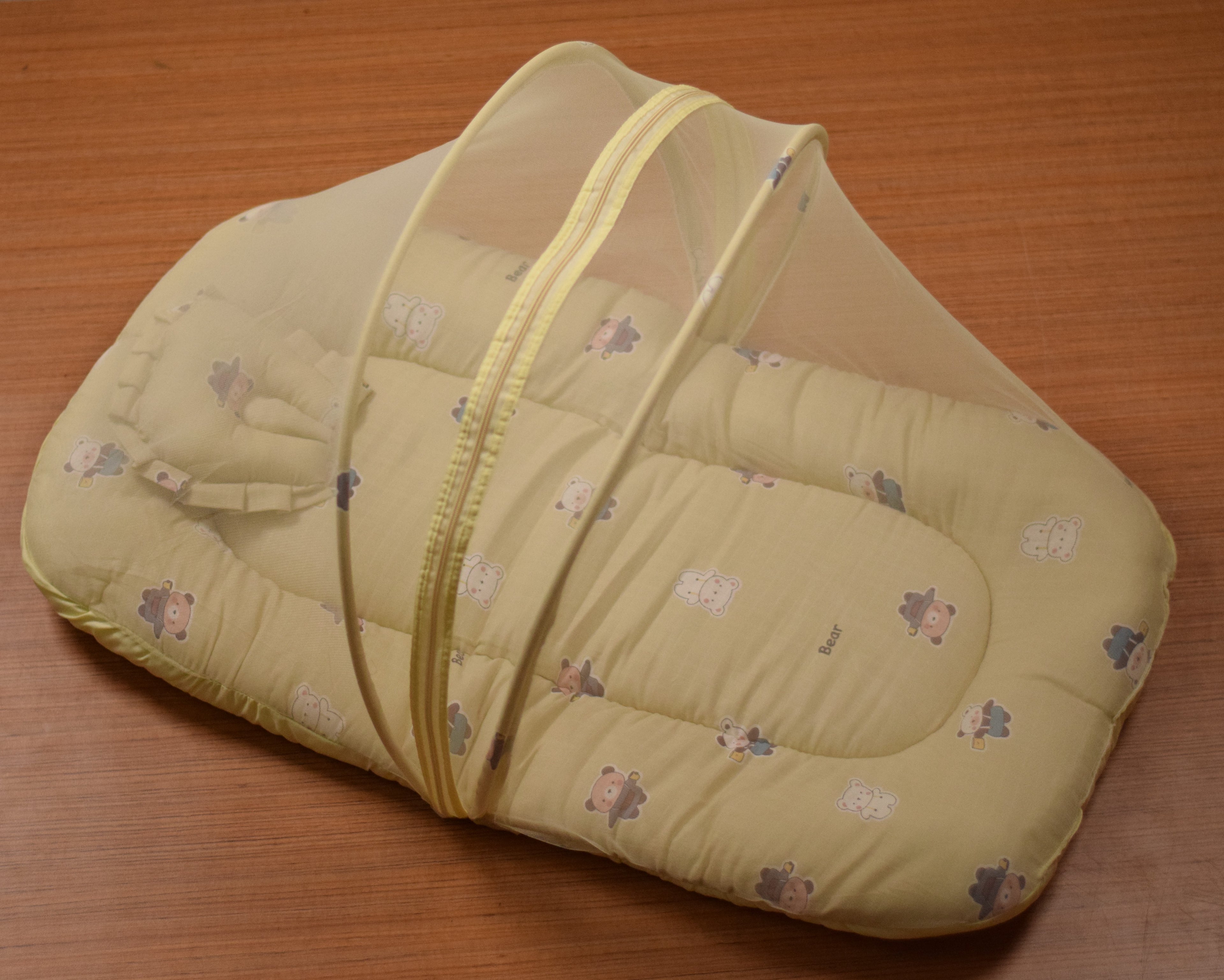 Portable Baby Mosquito Net Bed with Soft Cushion & Foldable Protective Canopy – Teddy Print (Yellow)