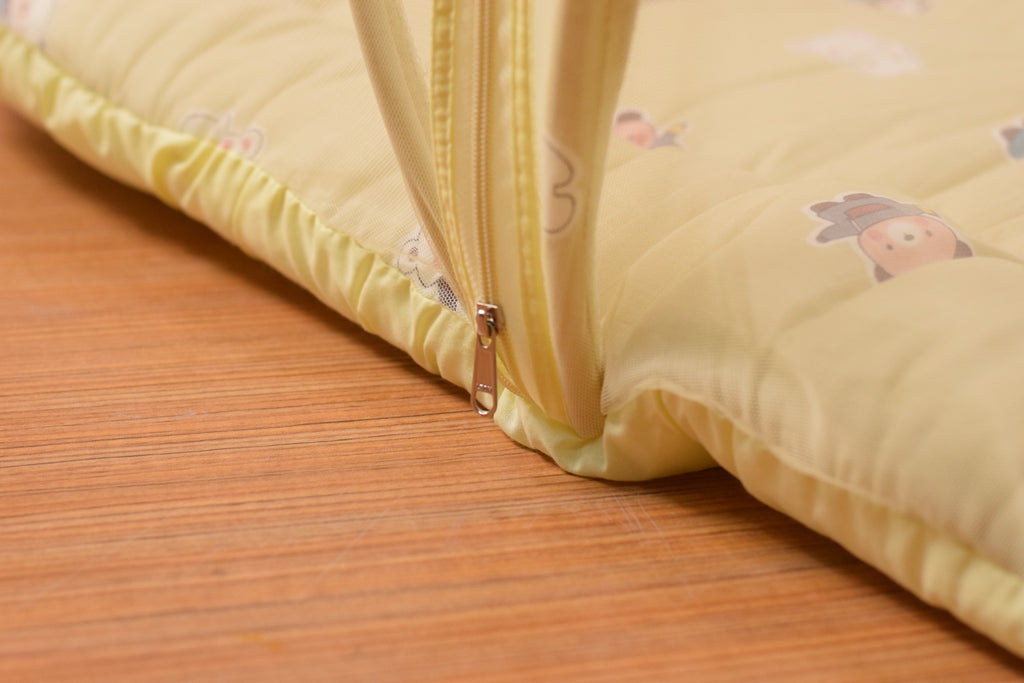 Portable Baby Mosquito Net Bed with Soft Cushion & Foldable Protective Canopy – Teddy Print (Yellow)