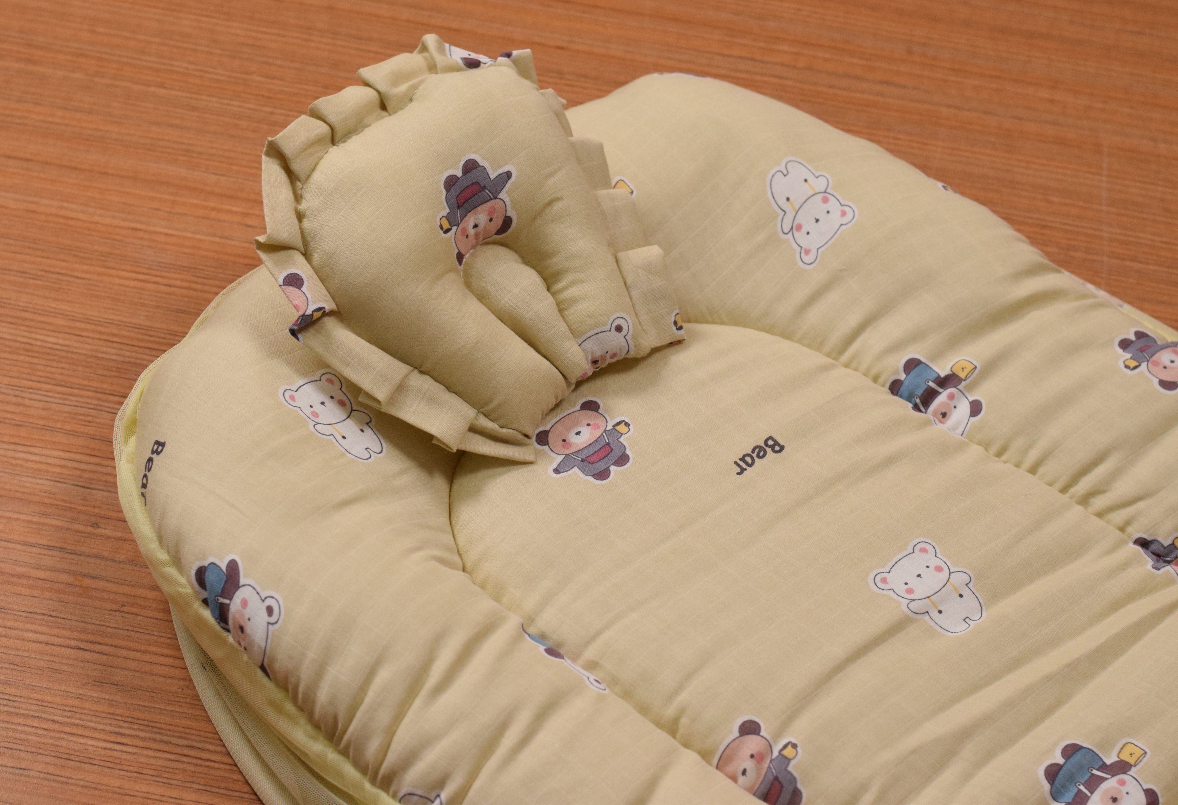 Portable Baby Mosquito Net Bed with Soft Cushion & Foldable Protective Canopy – Teddy Print (Yellow)