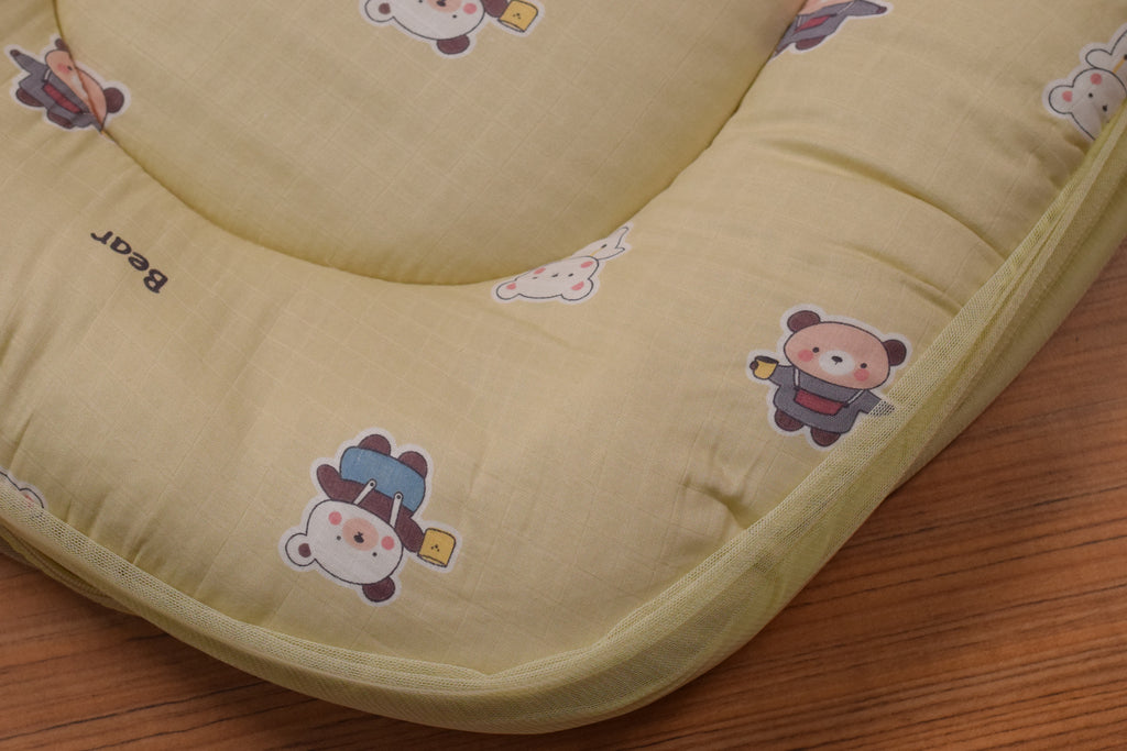 Portable Baby Mosquito Net Bed with Soft Cushion & Foldable Protective Canopy – Teddy Print (Yellow)