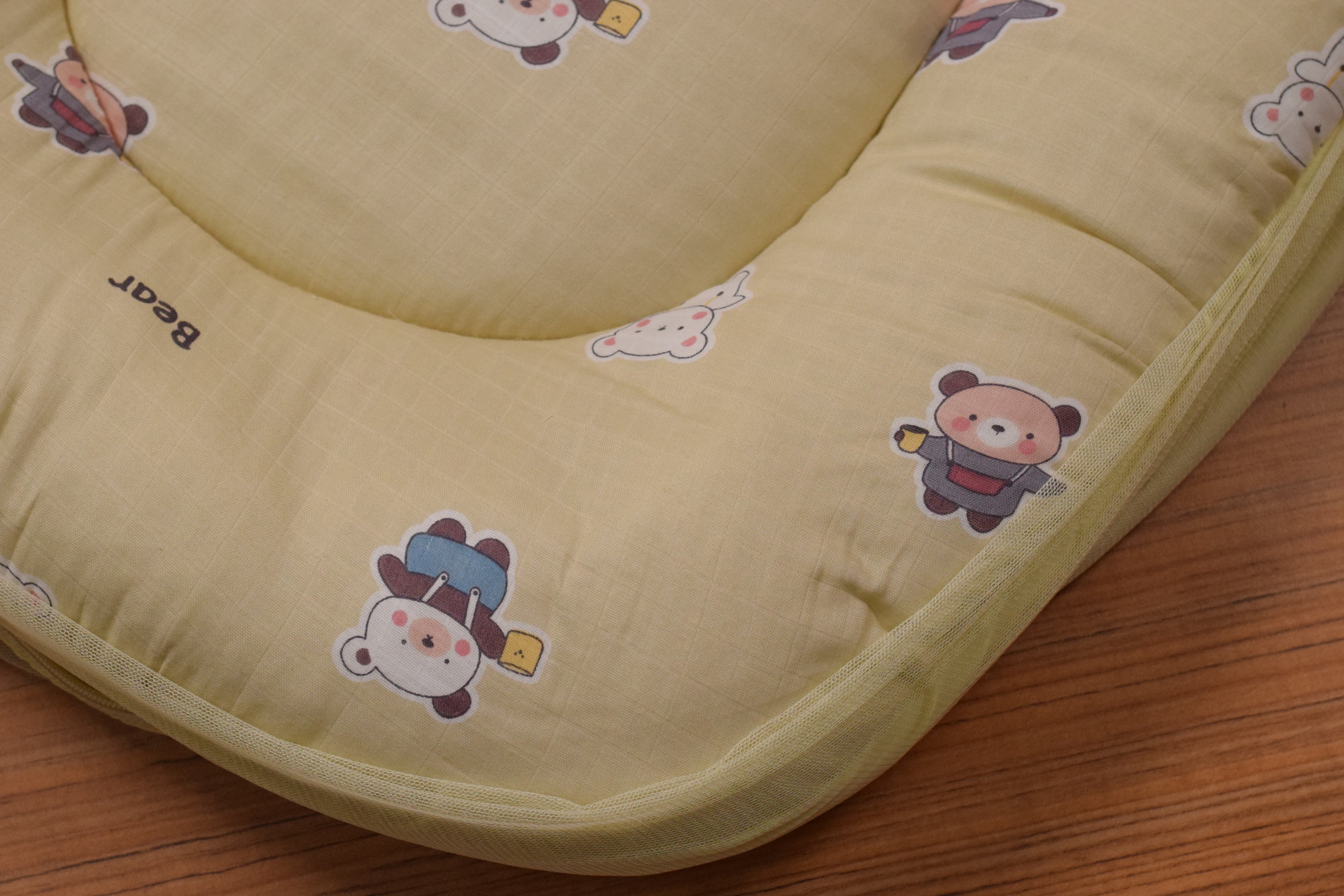 Portable Baby Mosquito Net Bed with Soft Cushion & Foldable Protective Canopy – Teddy Print (Yellow)