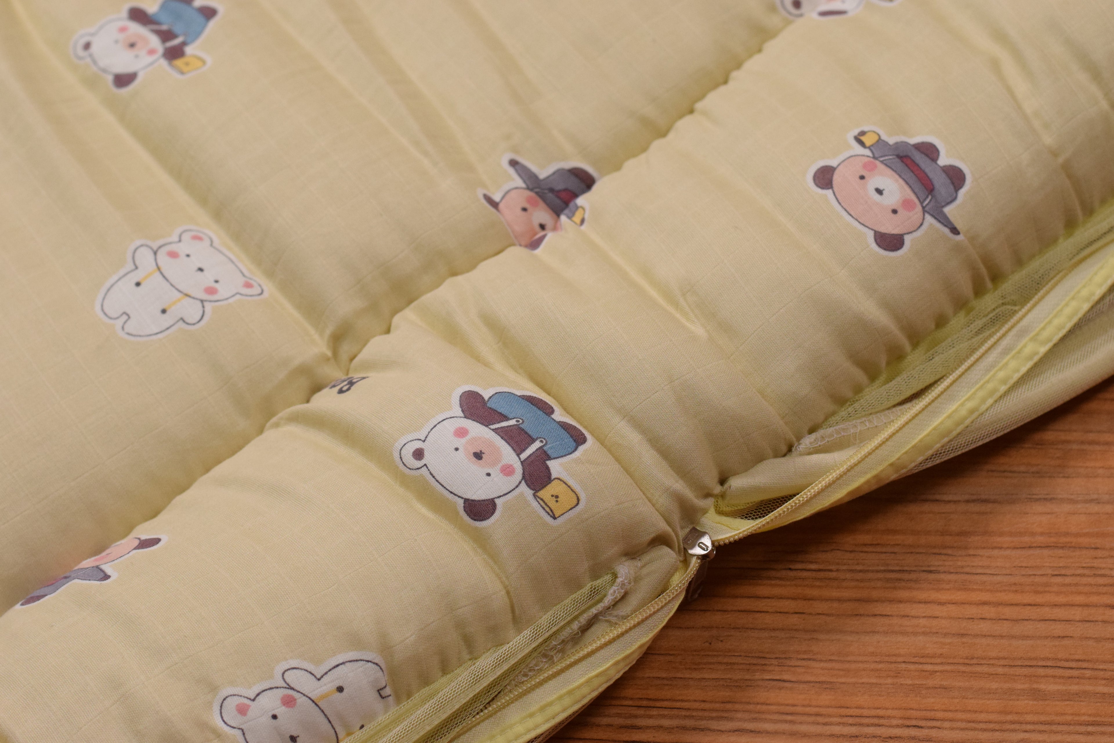 Portable Baby Mosquito Net Bed with Soft Cushion & Foldable Protective Canopy – Teddy Print (Yellow)