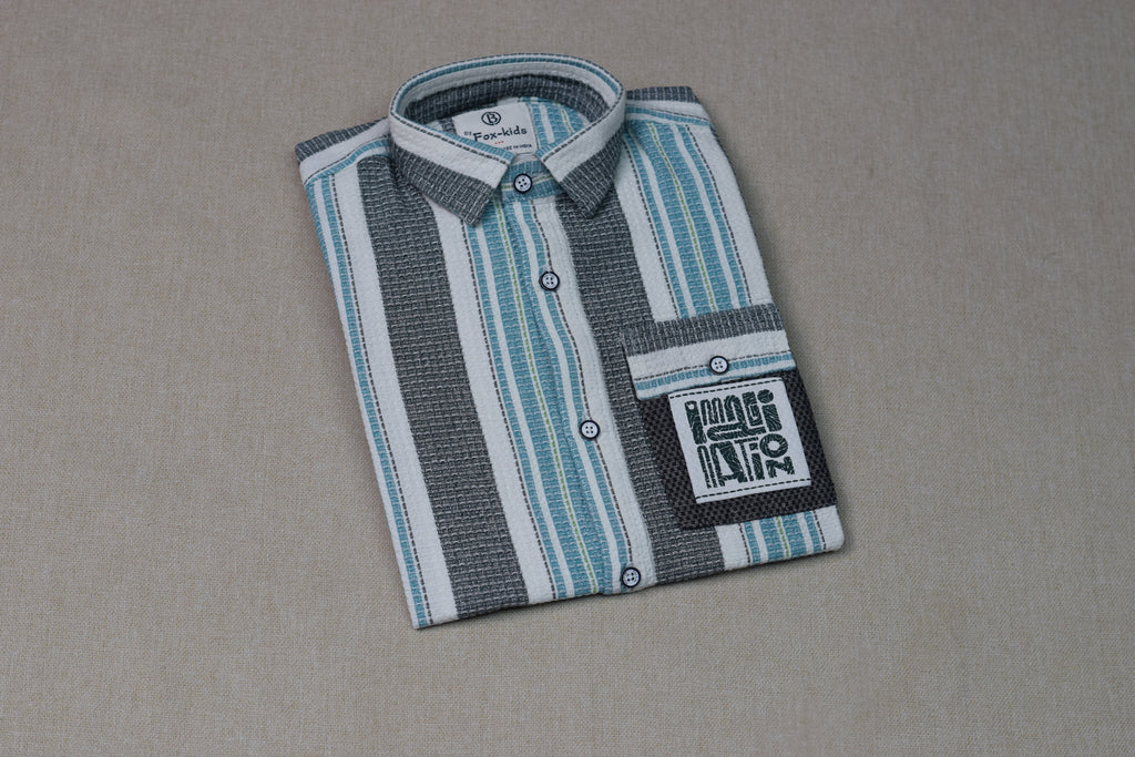 Kids Full Sleeve Vertical Stripe Casual Shirt – Grey, White & Aqua Blue