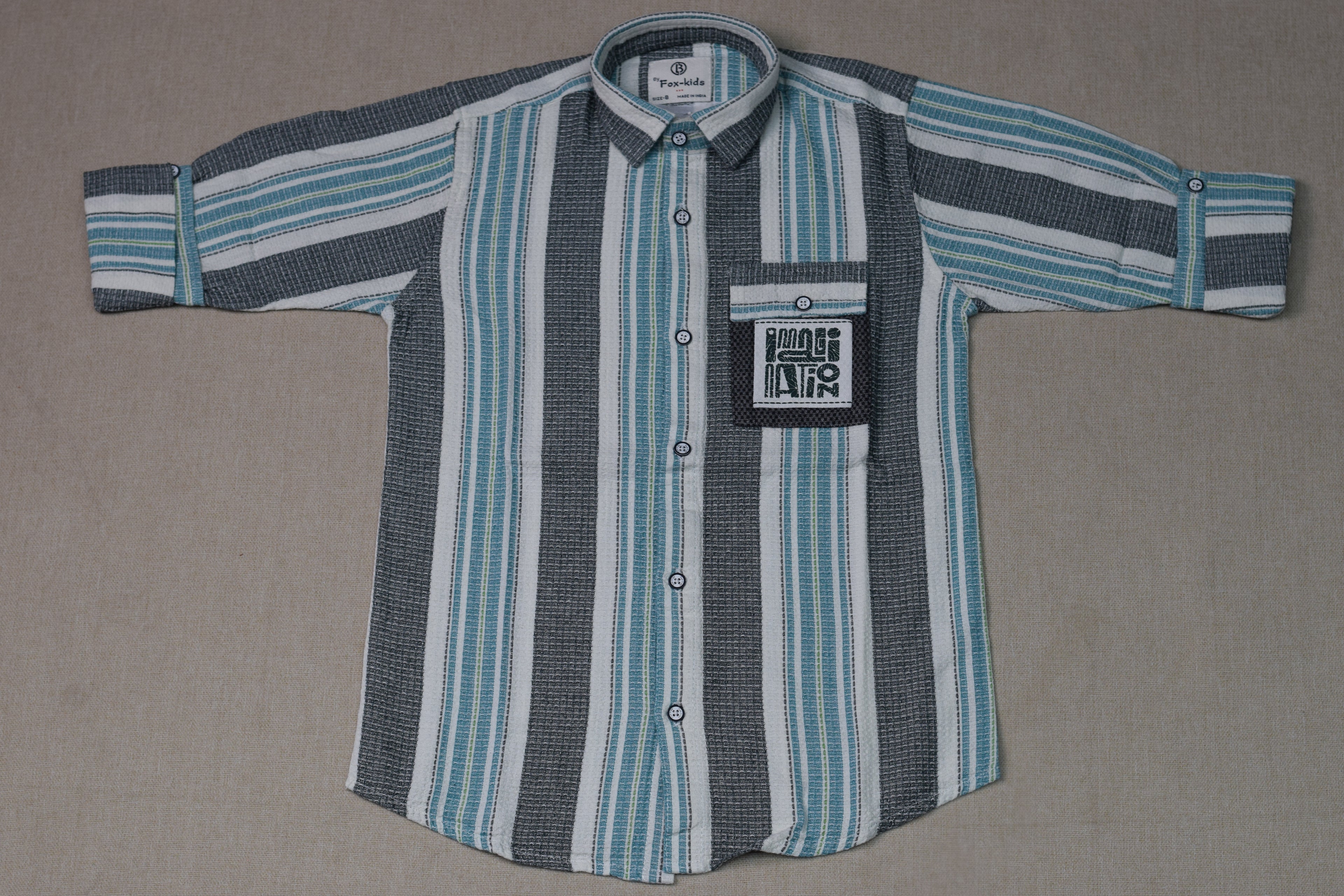 Kids Full Sleeve Vertical Stripe Casual Shirt – Grey, White & Aqua Blue