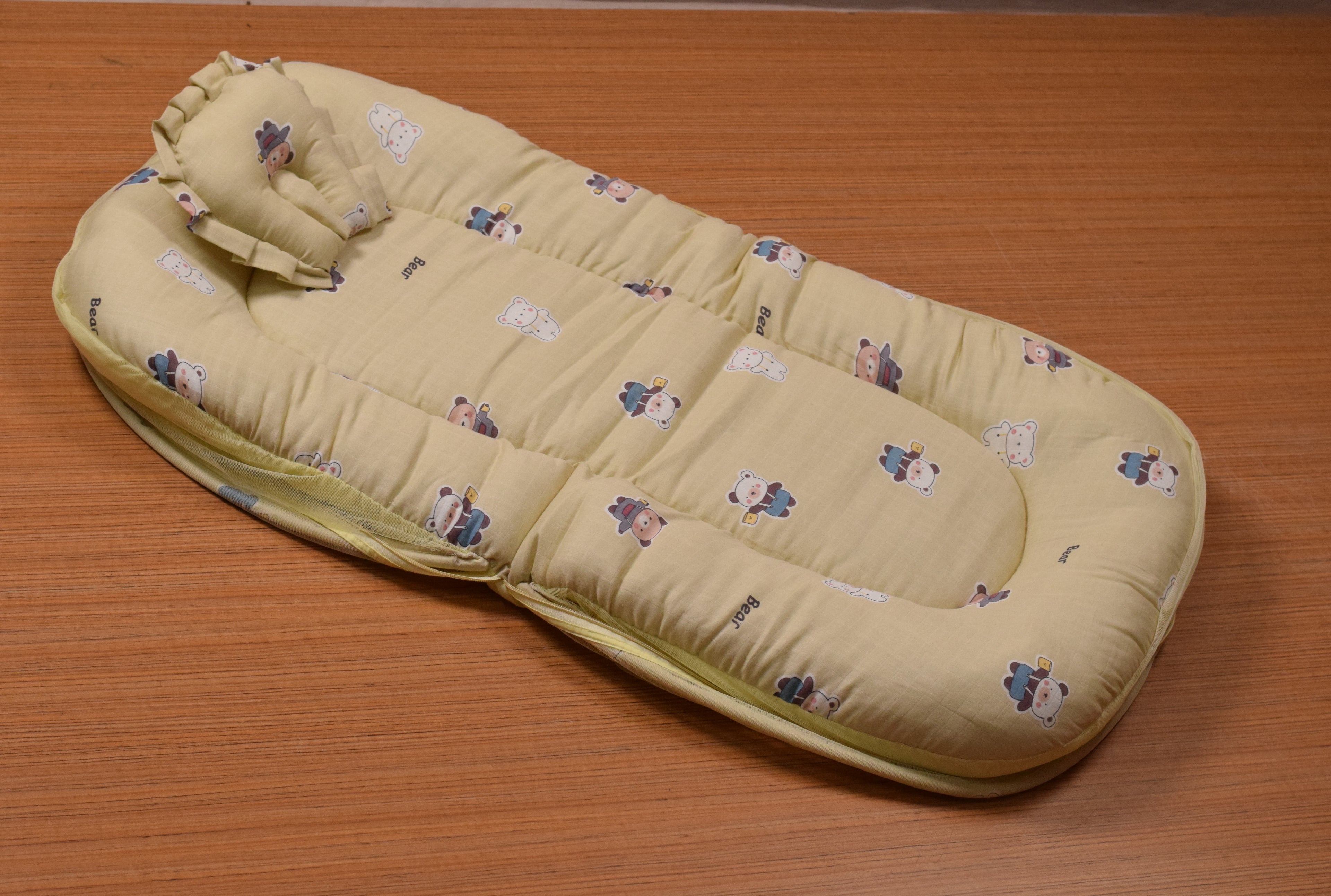 Portable Baby Mosquito Net Bed with Soft Cushion & Foldable Protective Canopy – Teddy Print (Yellow)
