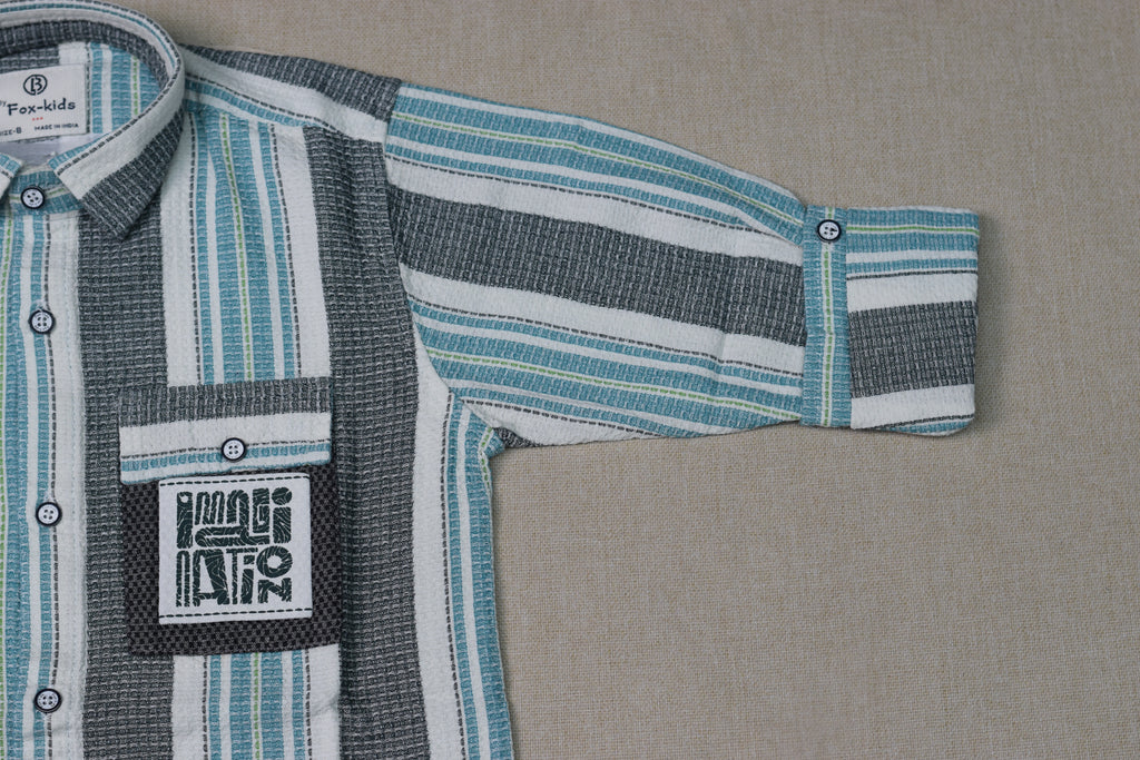 Kids Full Sleeve Vertical Stripe Casual Shirt – Grey, White & Aqua Blue