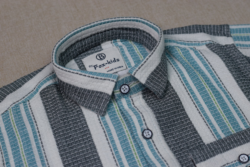 Kids Full Sleeve Vertical Stripe Casual Shirt – Grey, White & Aqua Blue