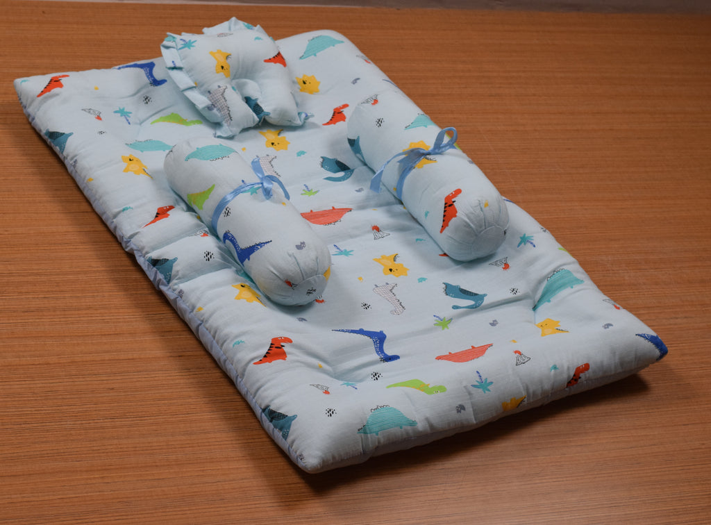 Soft Cotton Baby Sleeping Bed Set with Pillow & Bolsters | Baby Sleeping Mat for 3 Months to 1 Year | Dinosaur Print
