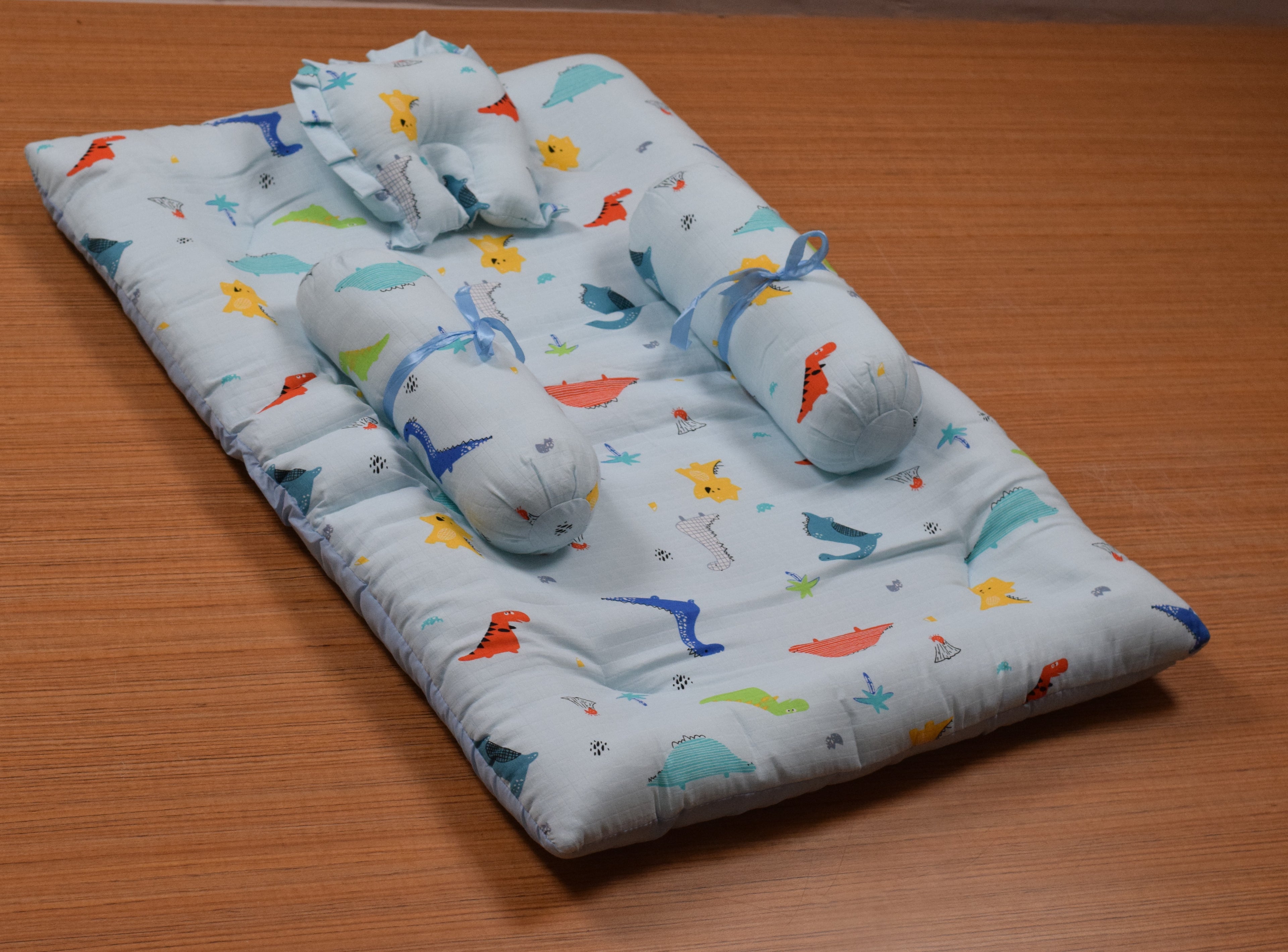 Soft Cotton Baby Sleeping Bed Set with Pillow & Bolsters | Baby Sleeping Mat for 3 Months to 1 Year | Dinosaur Print