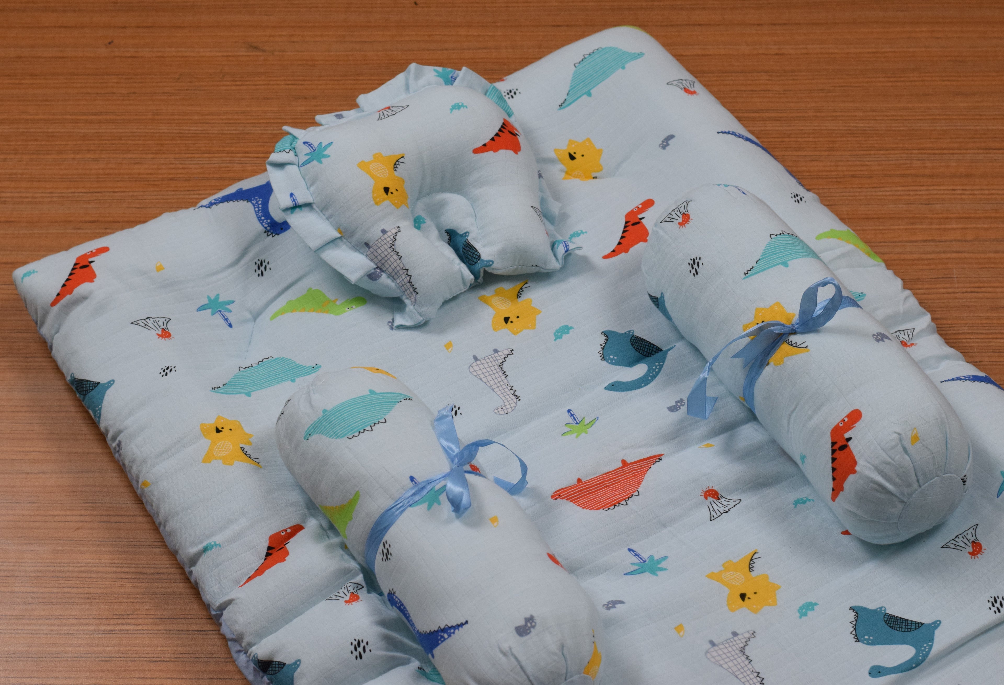 Soft Cotton Baby Sleeping Bed Set with Pillow & Bolsters | Baby Sleeping Mat for 3 Months to 1 Year | Dinosaur Print