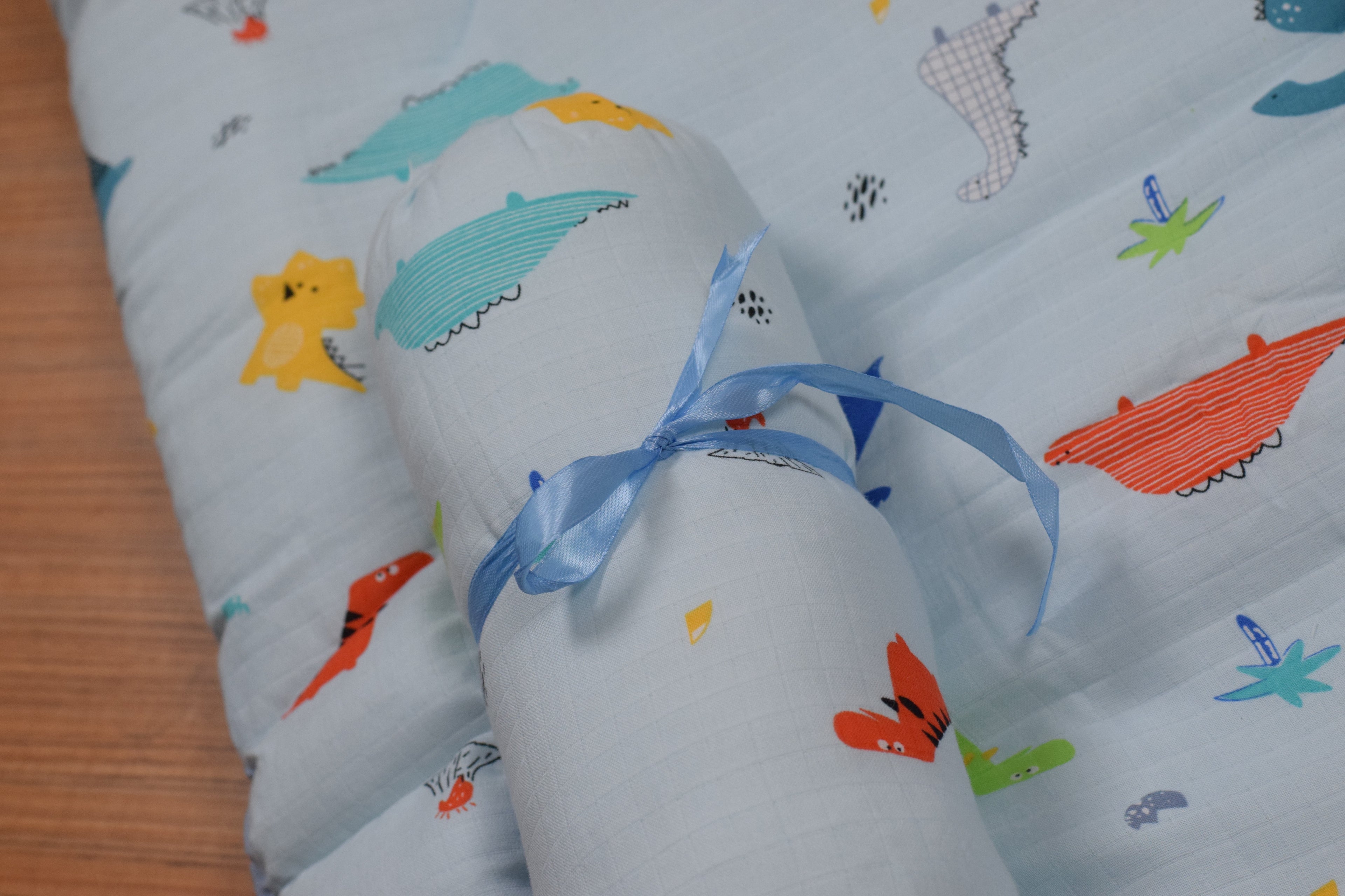 Soft Cotton Baby Sleeping Bed Set with Pillow & Bolsters | Baby Sleeping Mat for 3 Months to 1 Year | Dinosaur Print