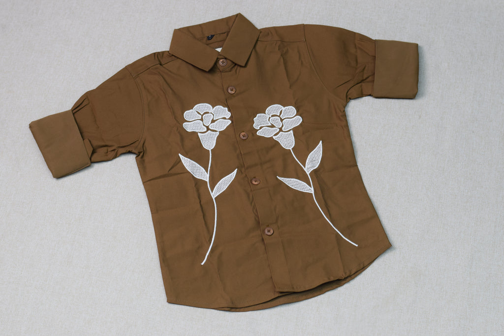 Kids Brown Floral Embroidered Full Sleeve Shirt