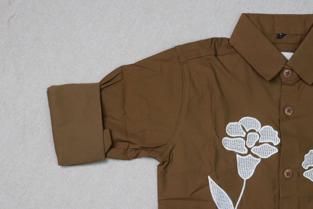 Kids Brown Floral Embroidered Full Sleeve Shirt