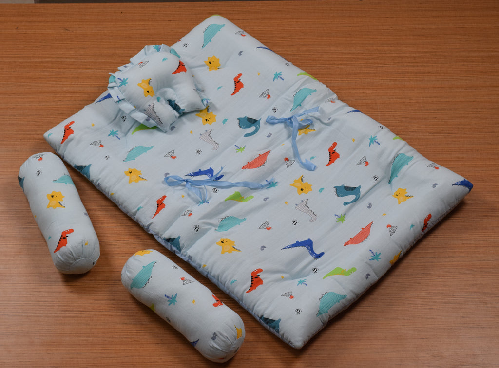 Soft Cotton Baby Sleeping Bed Set with Pillow & Bolsters | Baby Sleeping Mat for 3 Months to 1 Year | Dinosaur Print