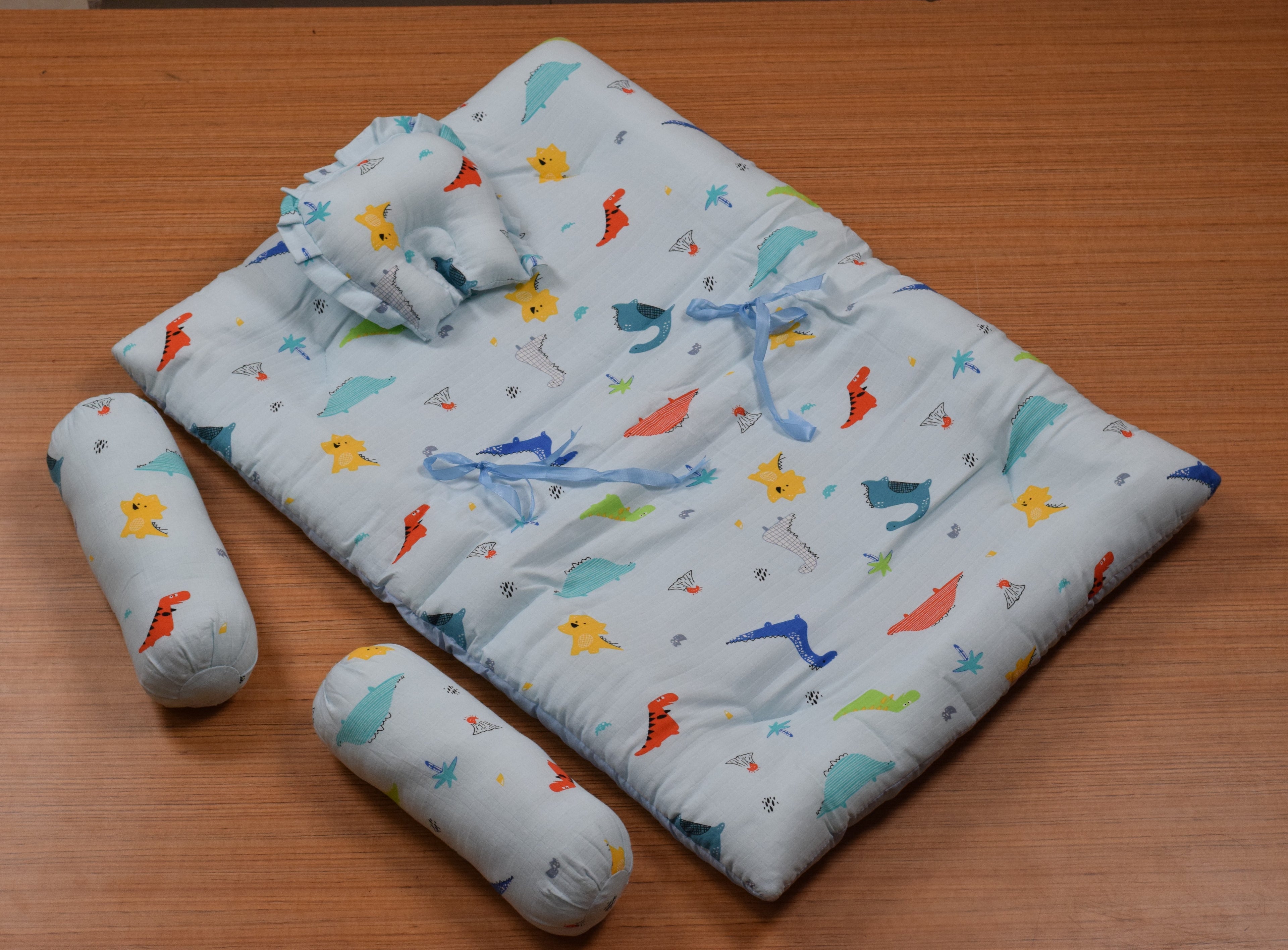Soft Cotton Baby Sleeping Bed Set with Pillow & Bolsters | Baby Sleeping Mat for 3 Months to 1 Year | Dinosaur Print