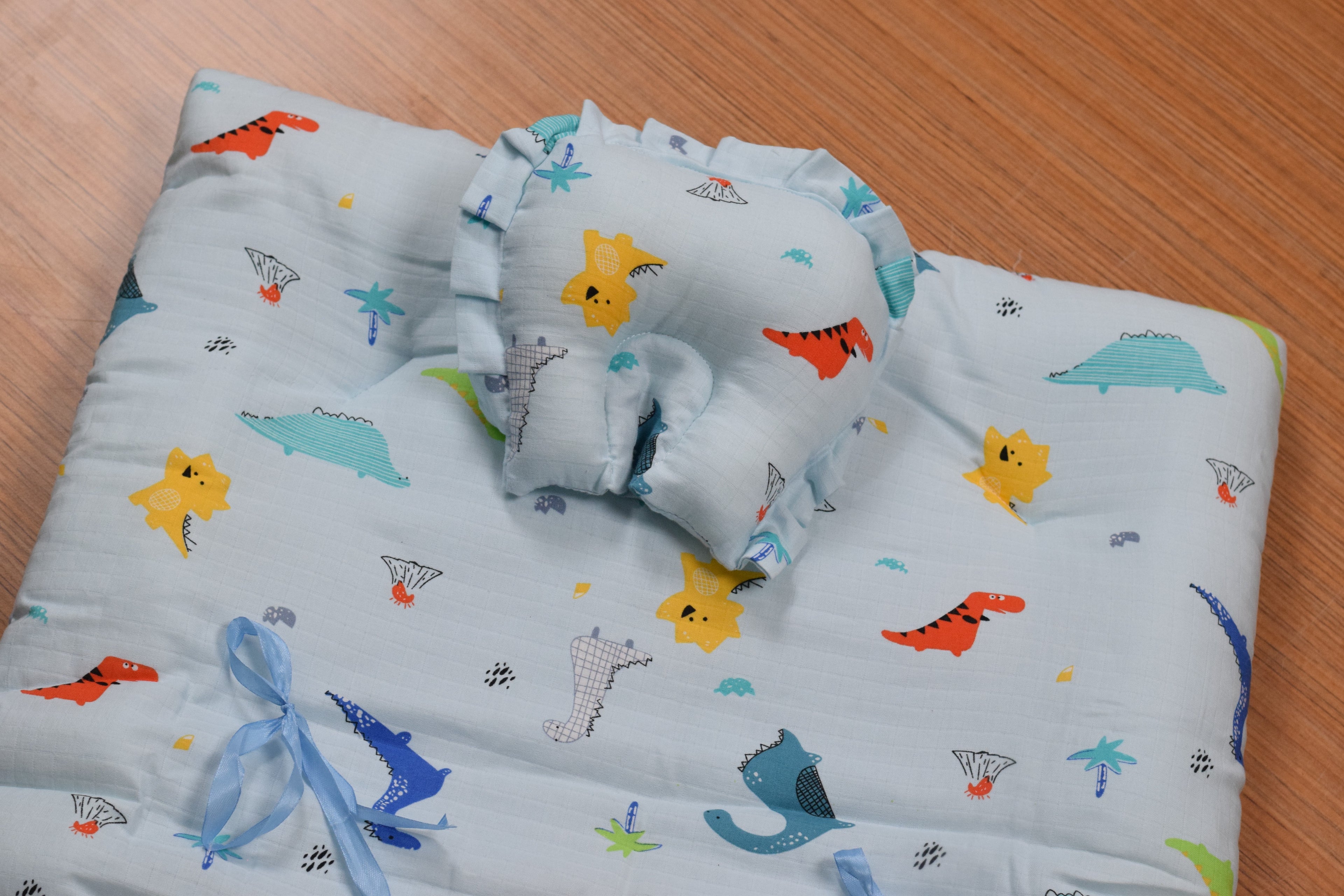 Soft Cotton Baby Sleeping Bed Set with Pillow & Bolsters | Baby Sleeping Mat for 3 Months to 1 Year | Dinosaur Print