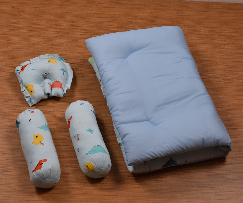 Soft Cotton Baby Sleeping Bed Set with Pillow & Bolsters | Baby Sleeping Mat for 3 Months to 1 Year | Dinosaur Print