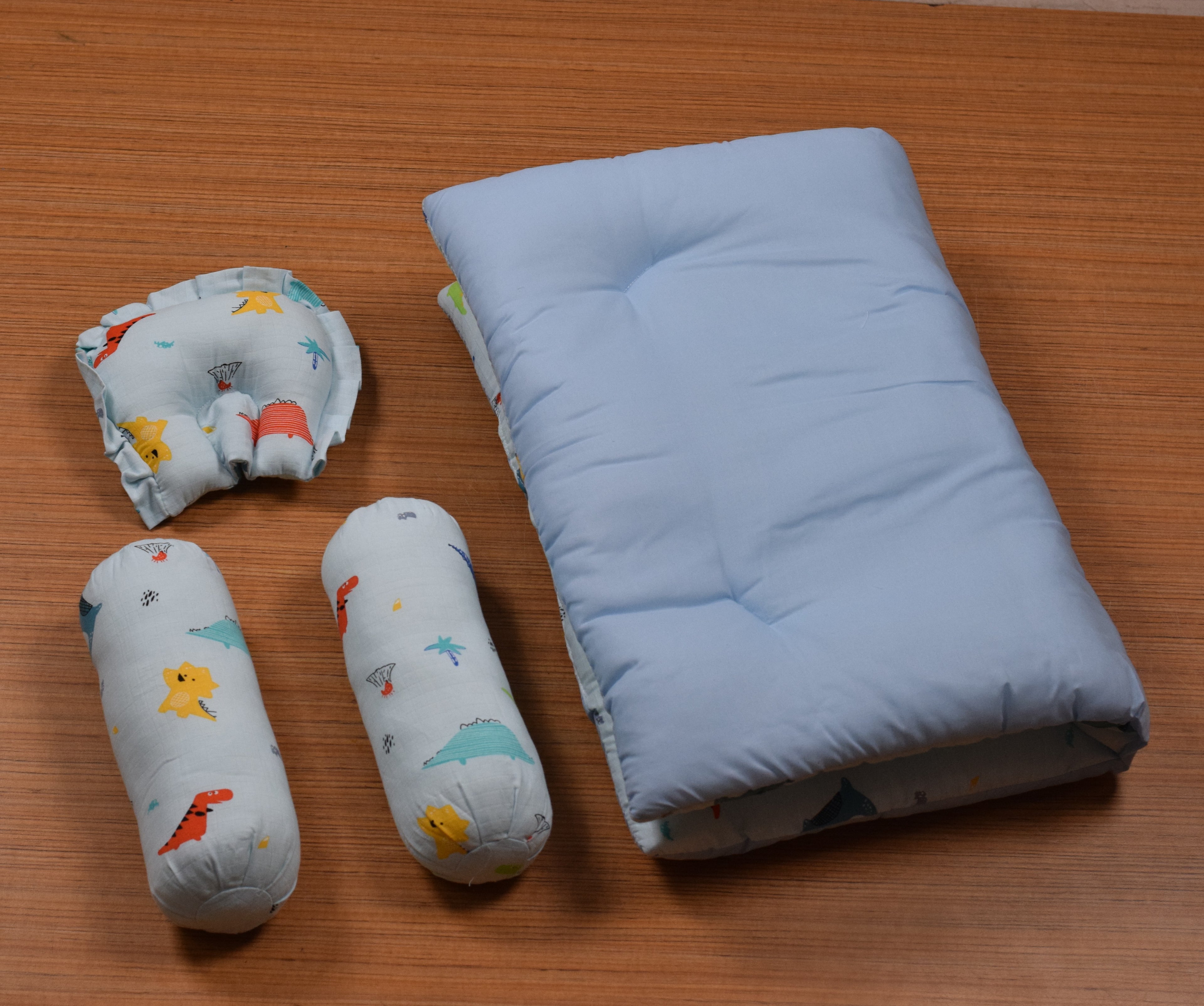 Soft Cotton Baby Sleeping Bed Set with Pillow & Bolsters | Baby Sleeping Mat for 3 Months to 1 Year | Dinosaur Print