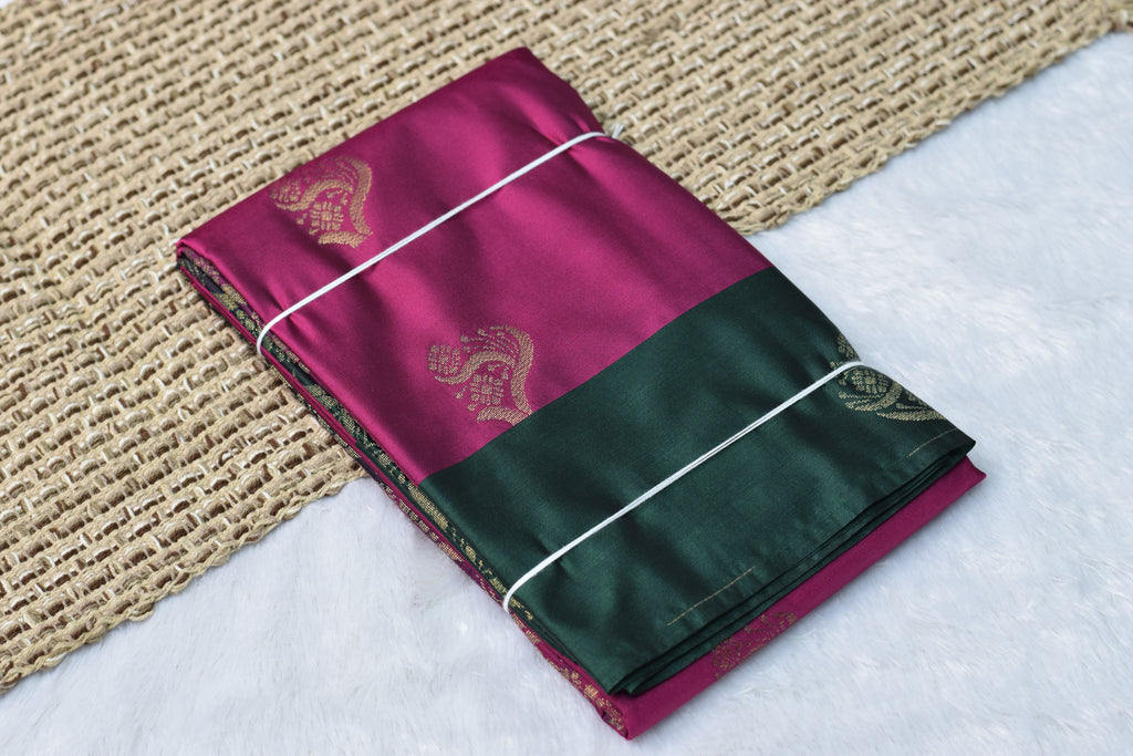 Magenta & Green Semi Silk Saree with Gold Zari Motifs