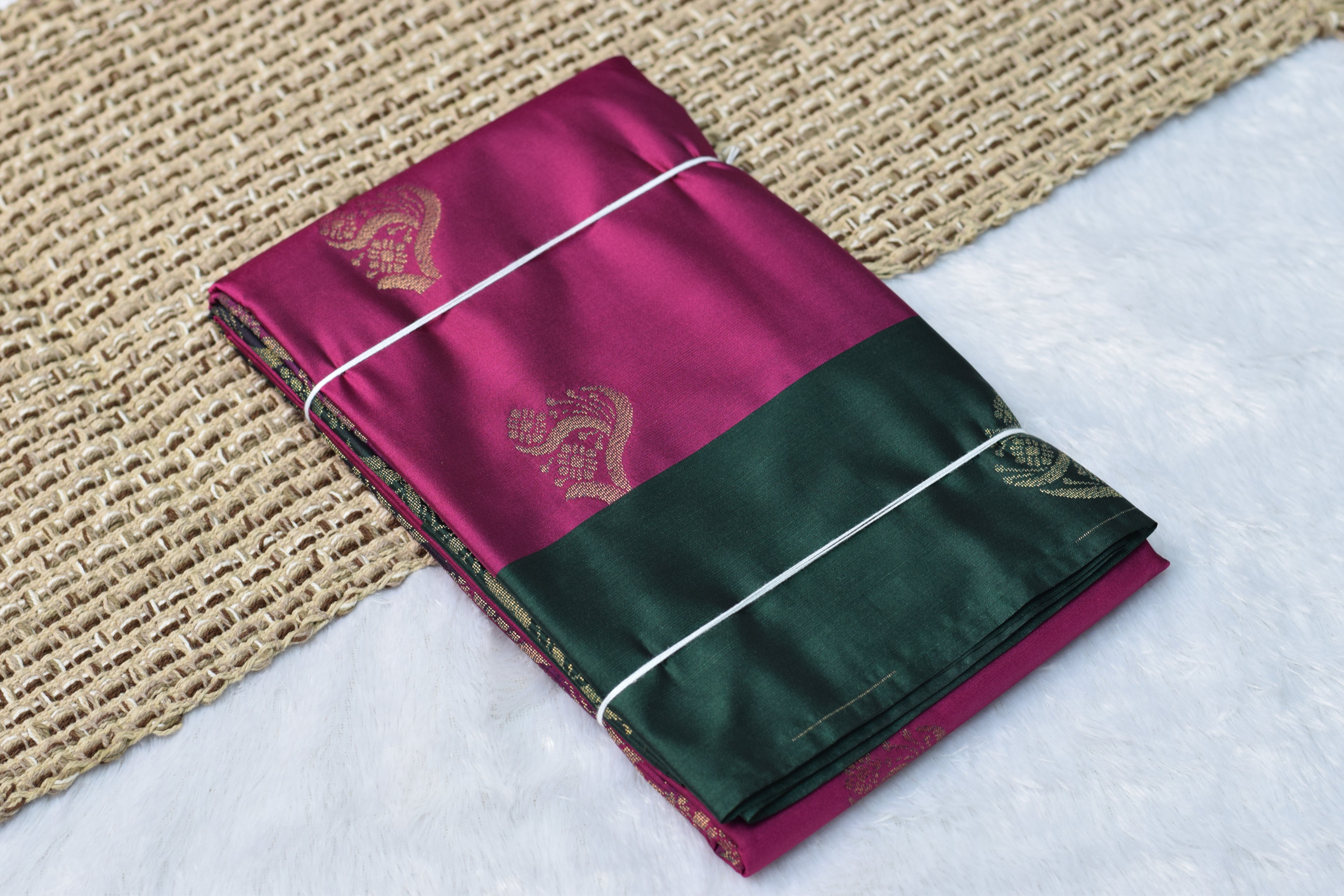 Magenta & Green Semi Silk Saree with Gold Zari Motifs