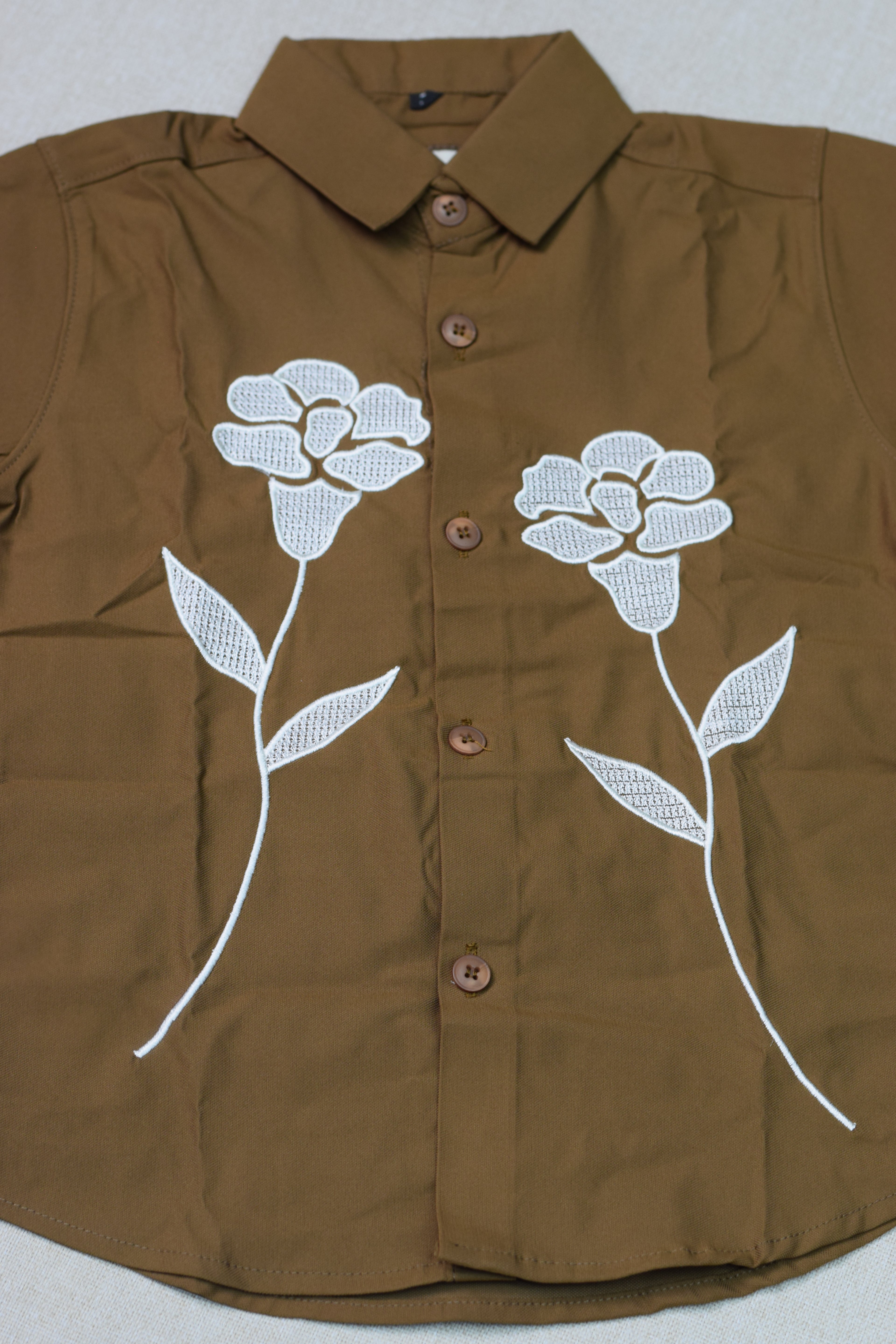 Kids Brown Floral Embroidered Full Sleeve Shirt
