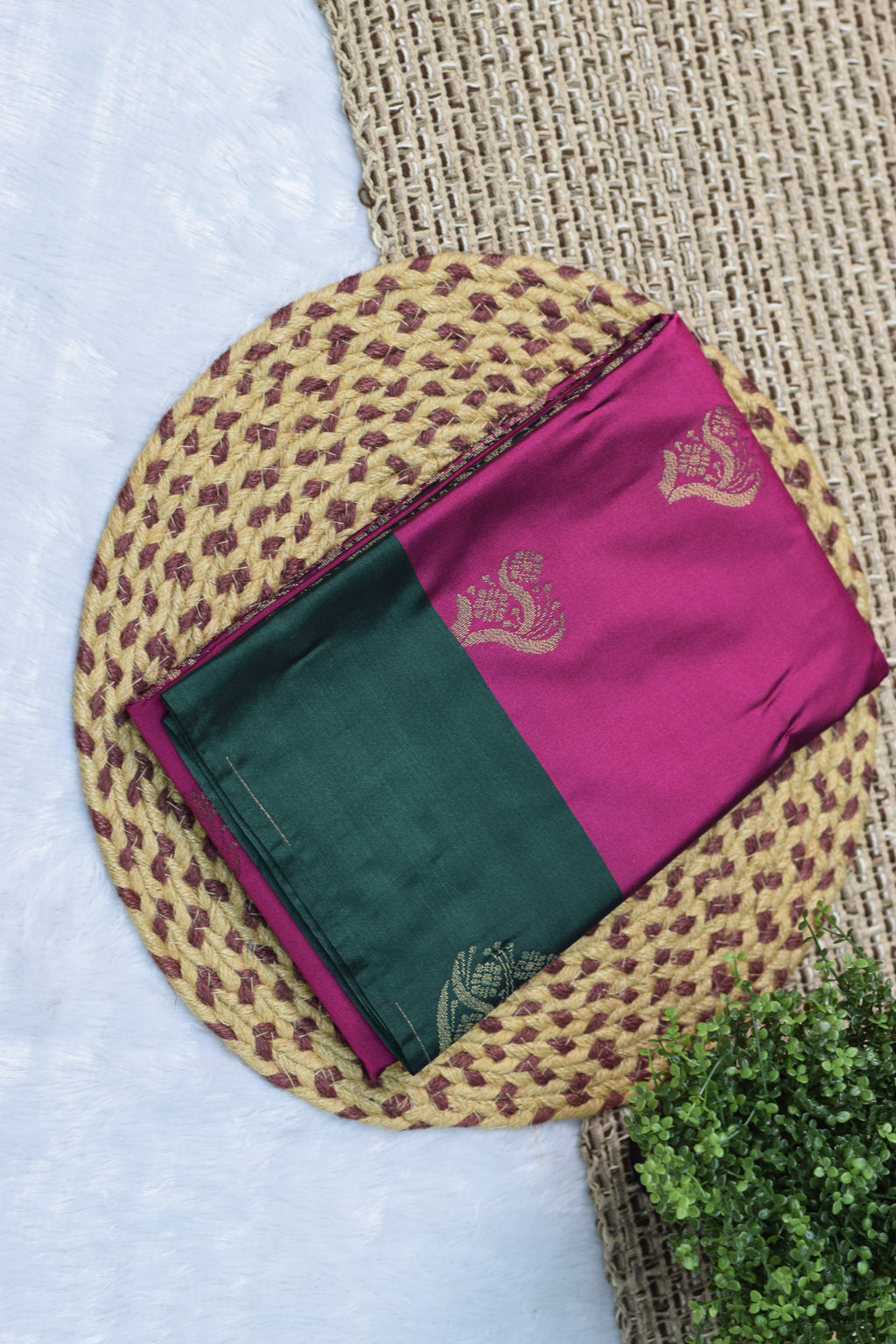 Magenta & Green Semi Silk Saree with Gold Zari Motifs