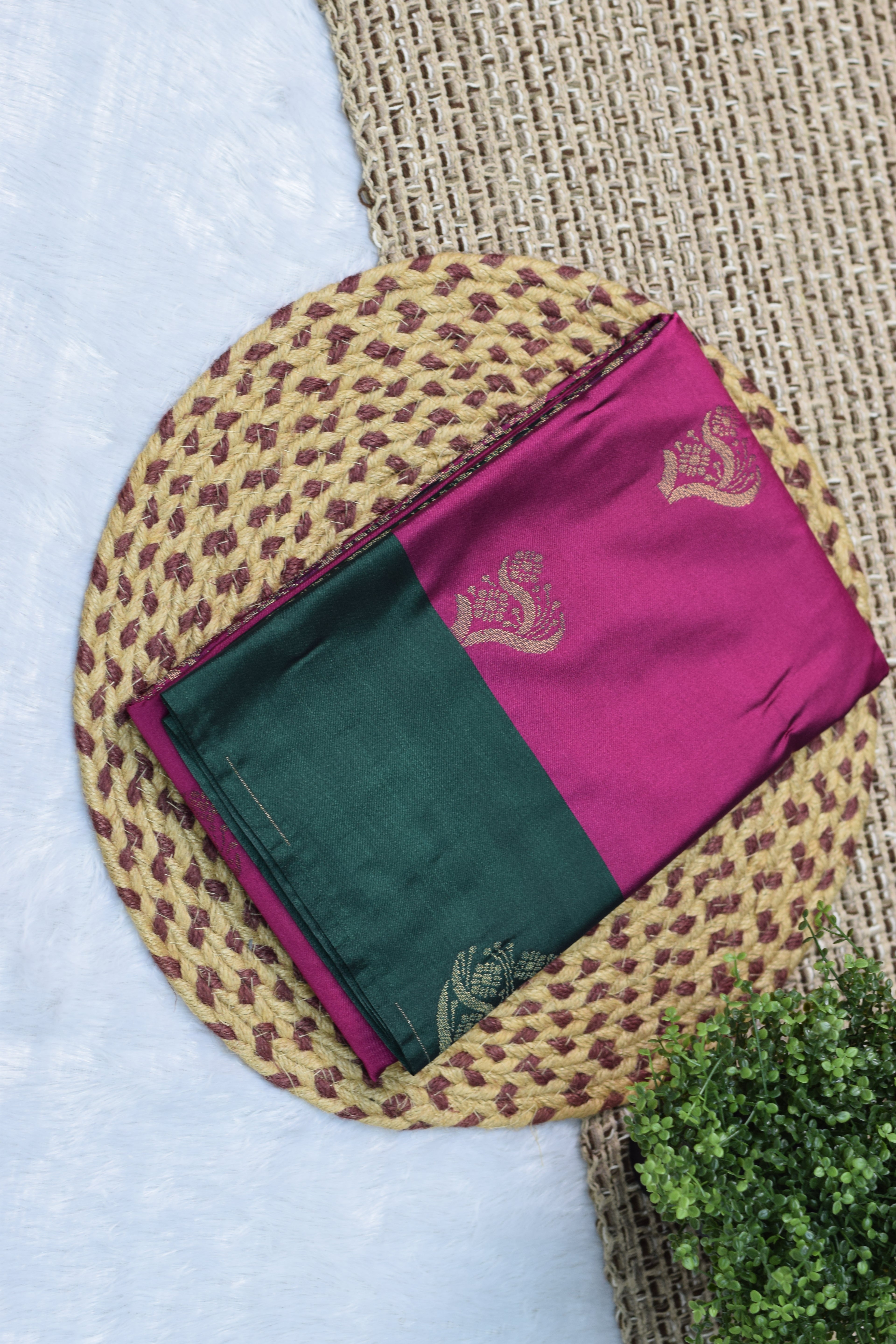 Magenta & Green Semi Silk Saree with Gold Zari Motifs