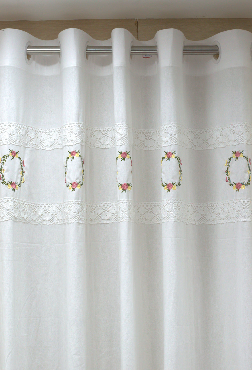 Embroidered Floral Cotton Curtain with Lace Border – White (2.10m x 122cm)