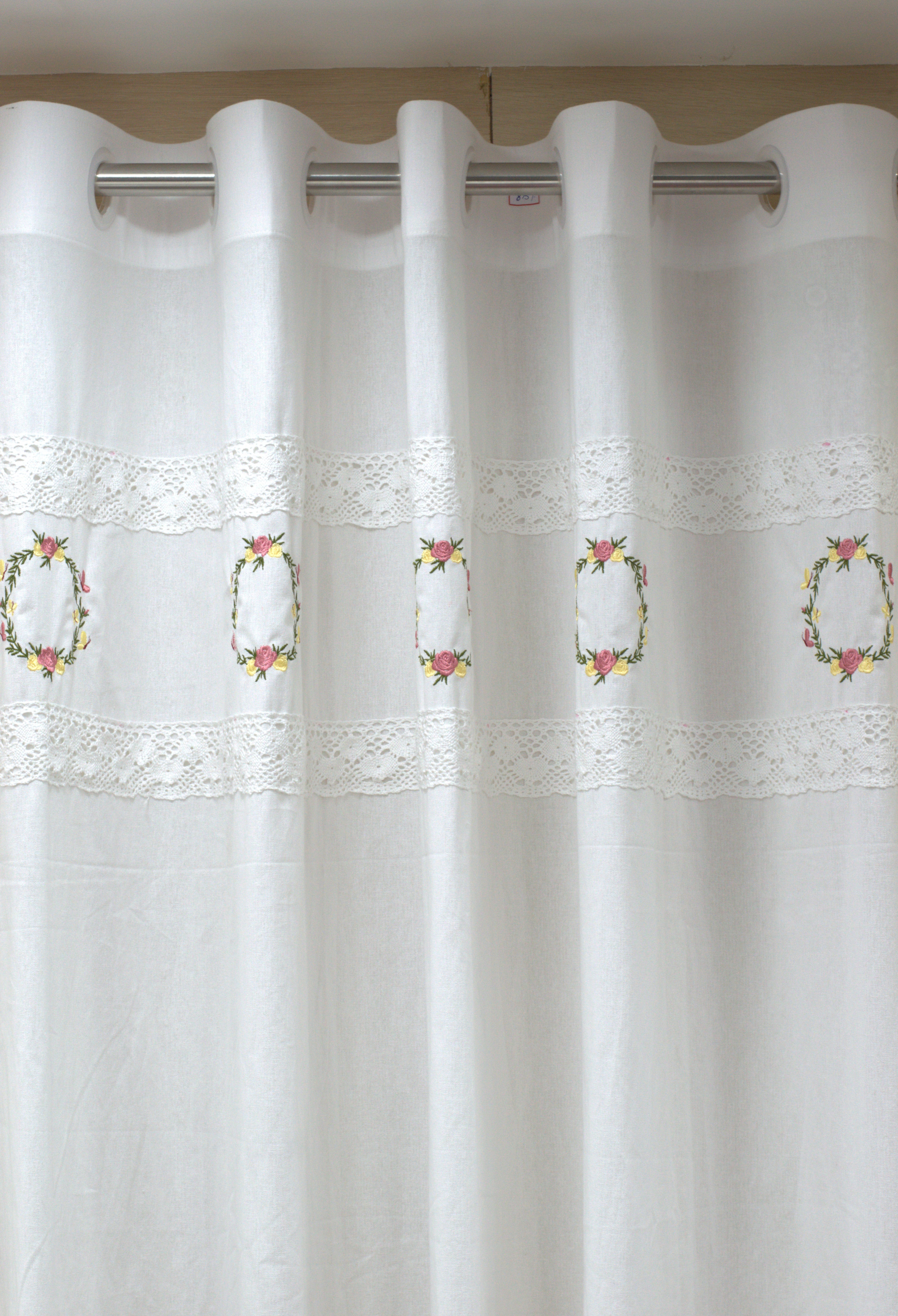 Embroidered Floral Cotton Curtain with Lace Border – White (2.10m x 122cm)
