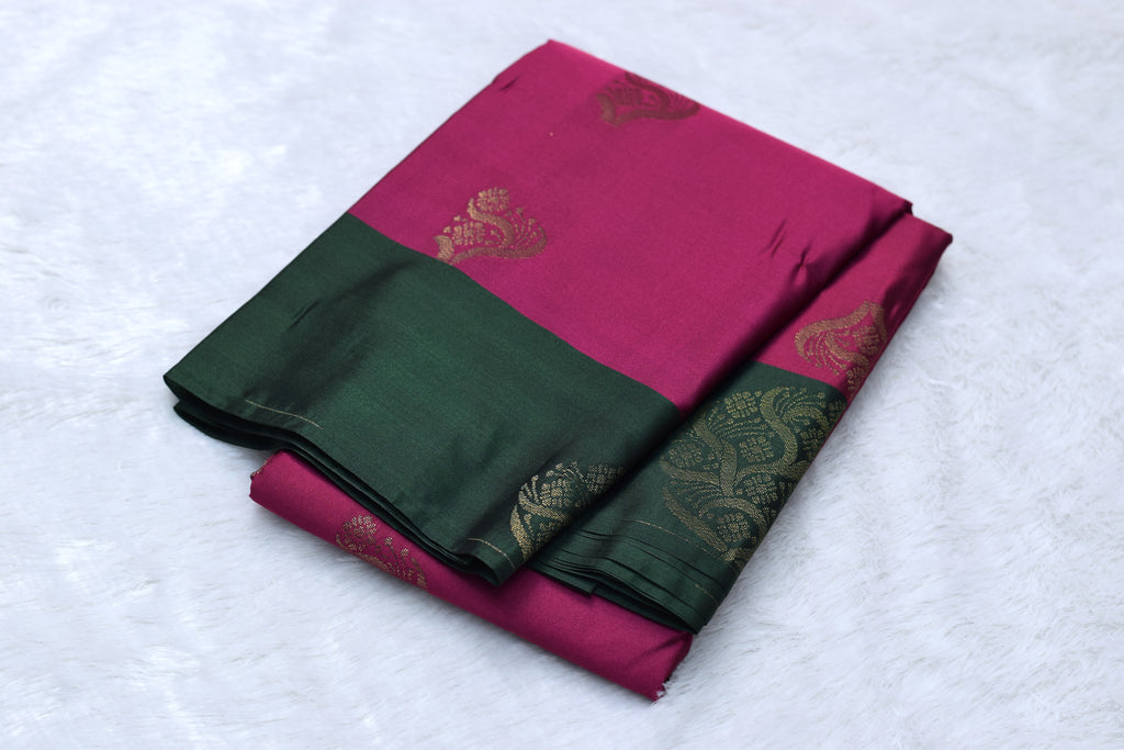 Magenta & Green Semi Silk Saree with Gold Zari Motifs - View 3 - Silk - Nushio