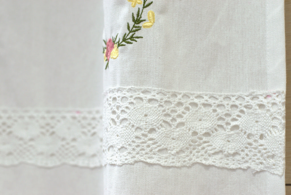 Embroidered Floral Cotton Curtain with Lace Border – White (2.10m x 122cm)