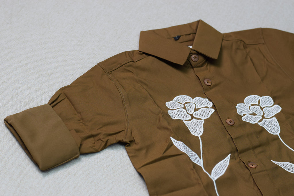 Kids Brown Floral Embroidered Full Sleeve Shirt