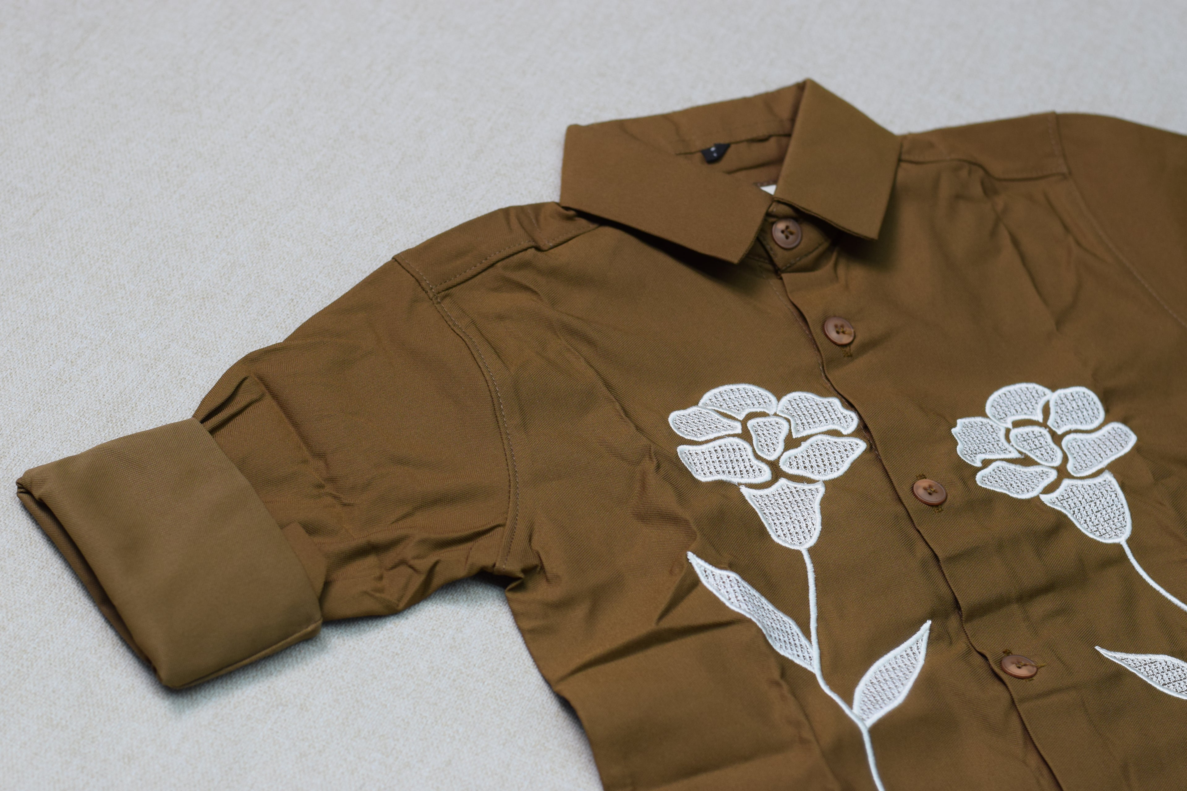 Kids Brown Floral Embroidered Full Sleeve Shirt