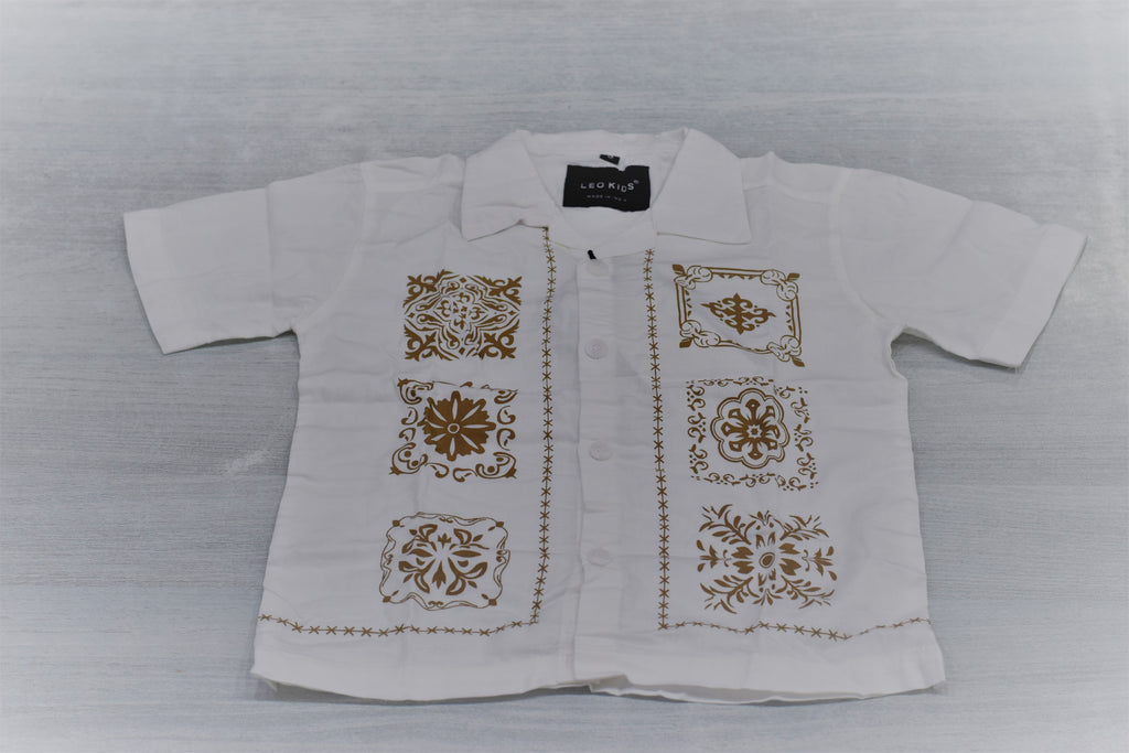 Boys Off-White Cuban Collar Shirt with Golden-Brown Motif Print