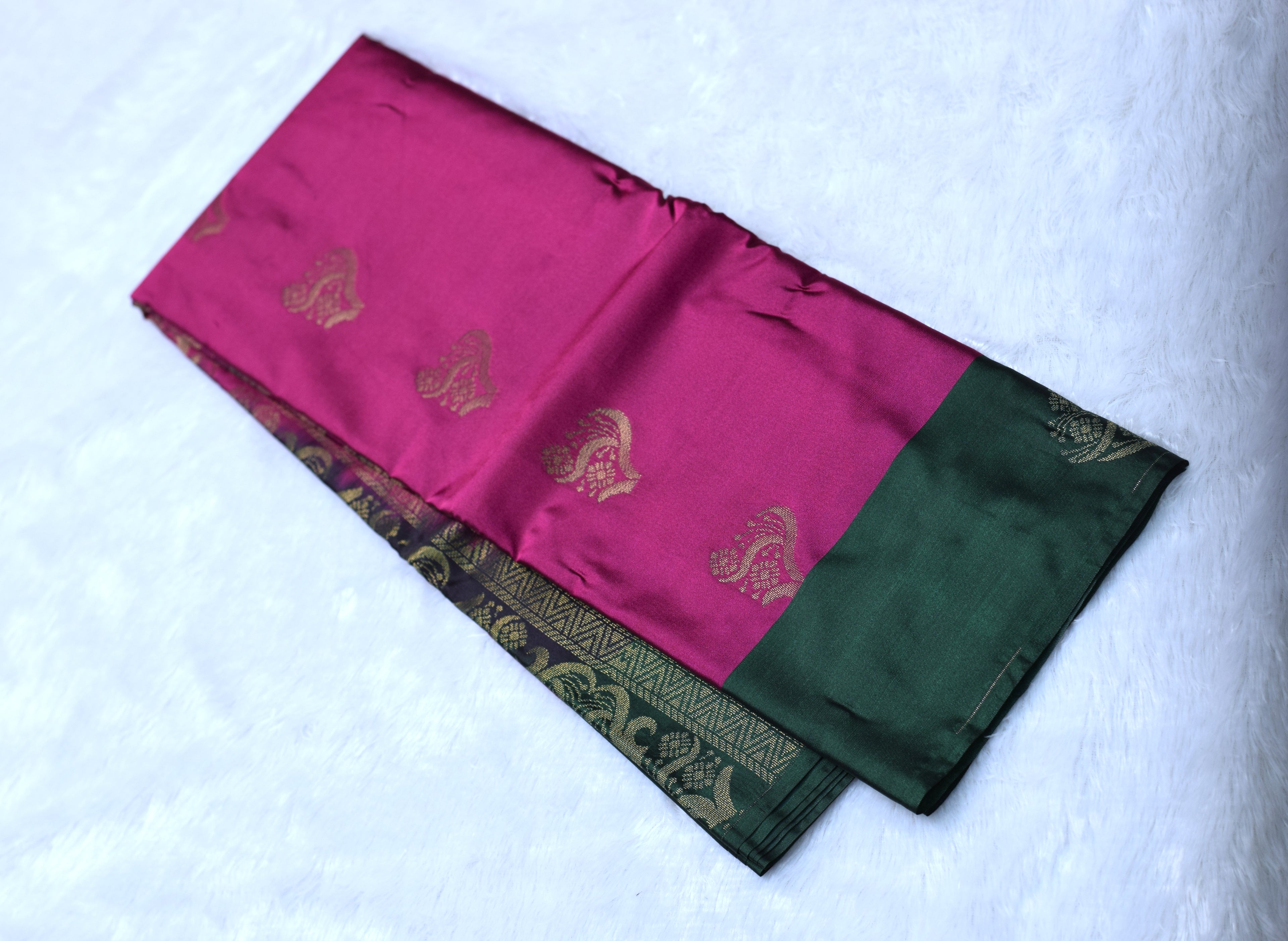 Magenta & Green Semi Silk Saree with Gold Zari Motifs