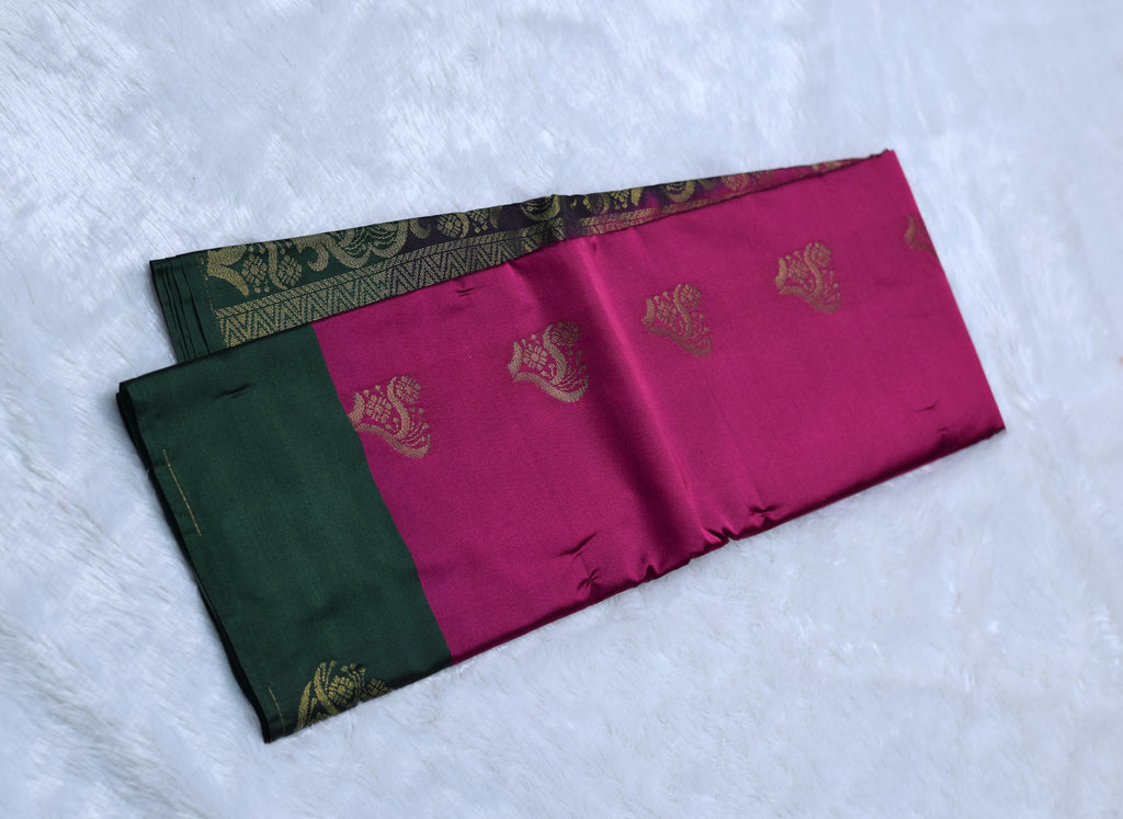 Magenta & Green Semi Silk Saree with Gold Zari Motifs - View 2 - Silk - Nushio