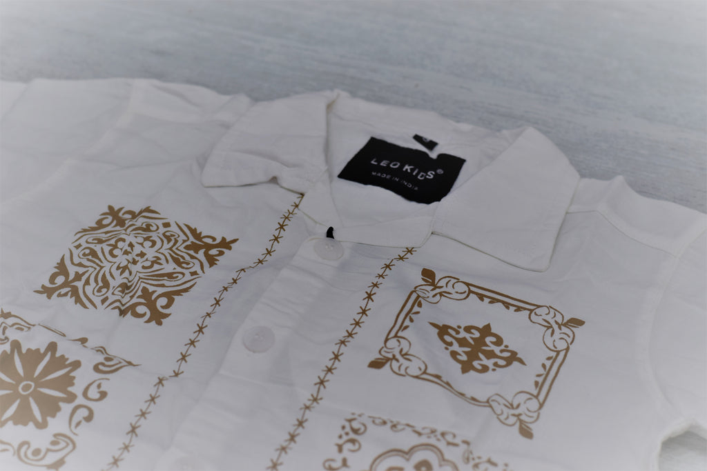 Boys Off-White Cuban Collar Shirt with Golden-Brown Motif Print