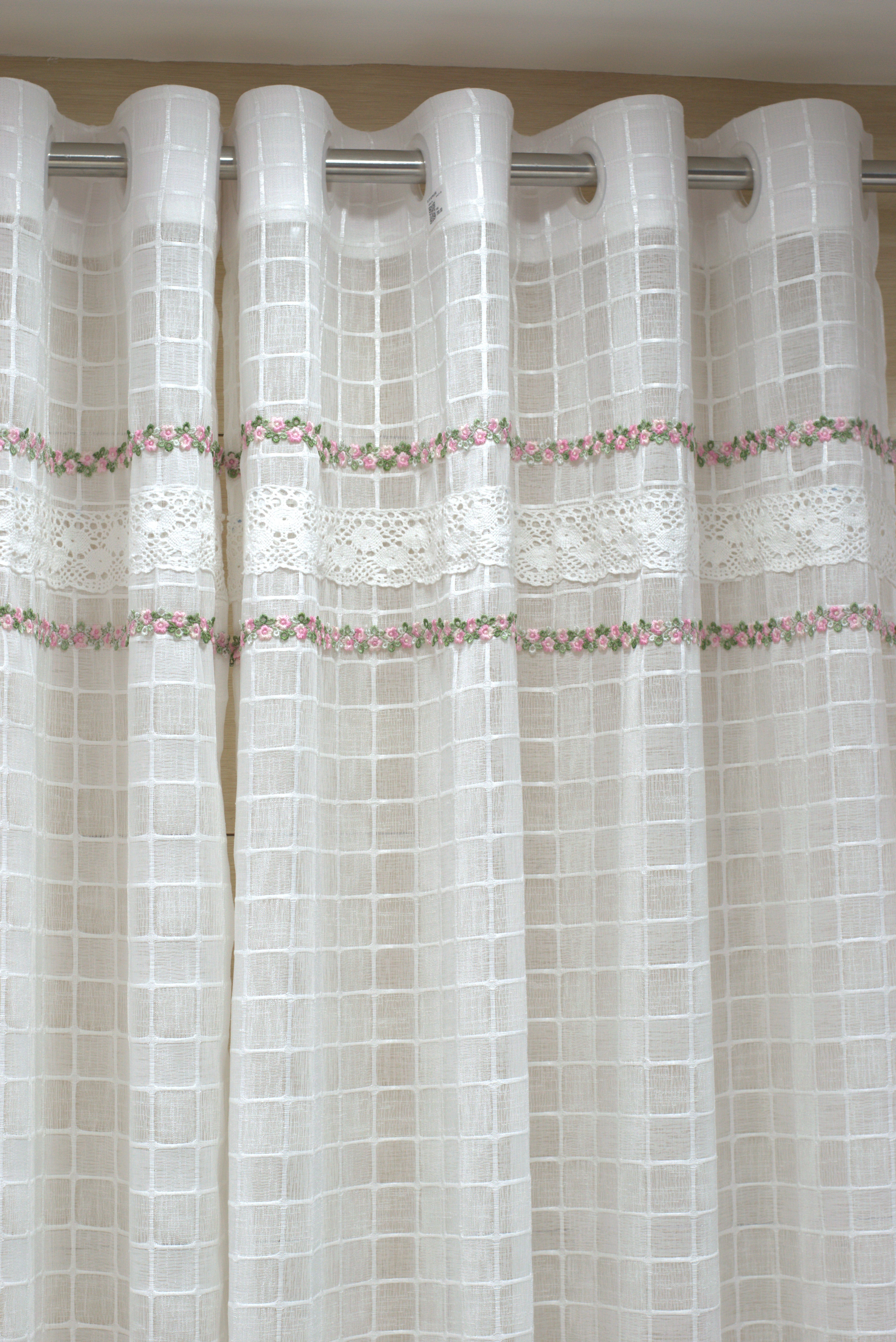 Elegant White Sheer Curtain with Floral Embroidery & Lace Border-semi linen