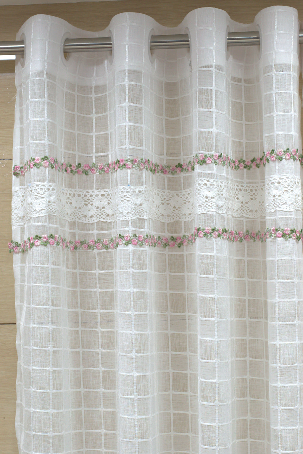 Elegant White Sheer Curtain with Floral Embroidery & Lace Border-semi linen