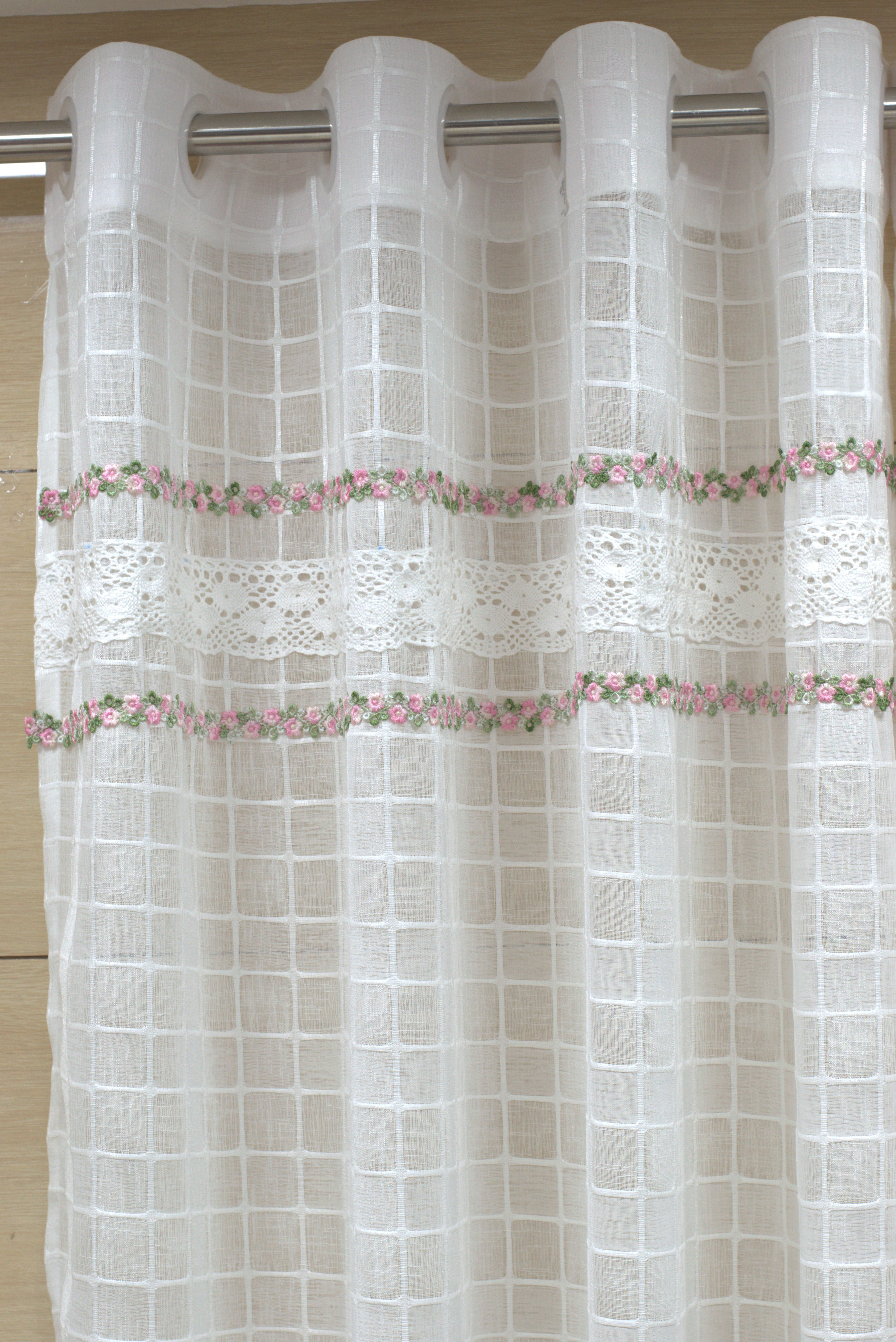 Elegant White Sheer Curtain with Floral Embroidery & Lace Border-semi linen