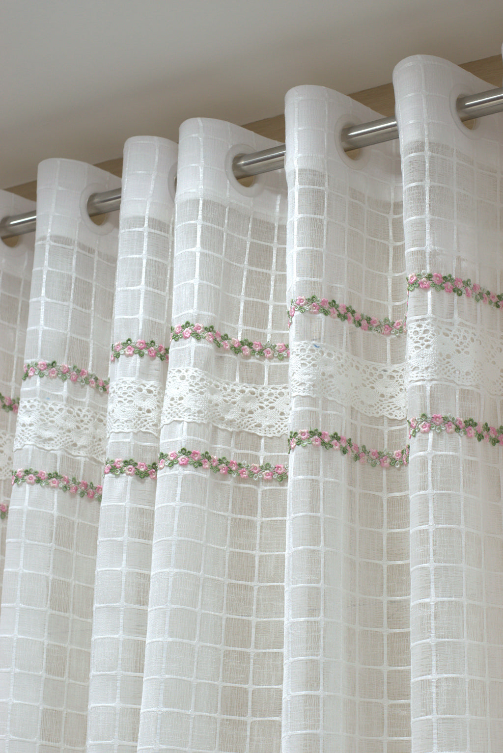 Elegant White Sheer Curtain with Floral Embroidery & Lace Border-semi linen