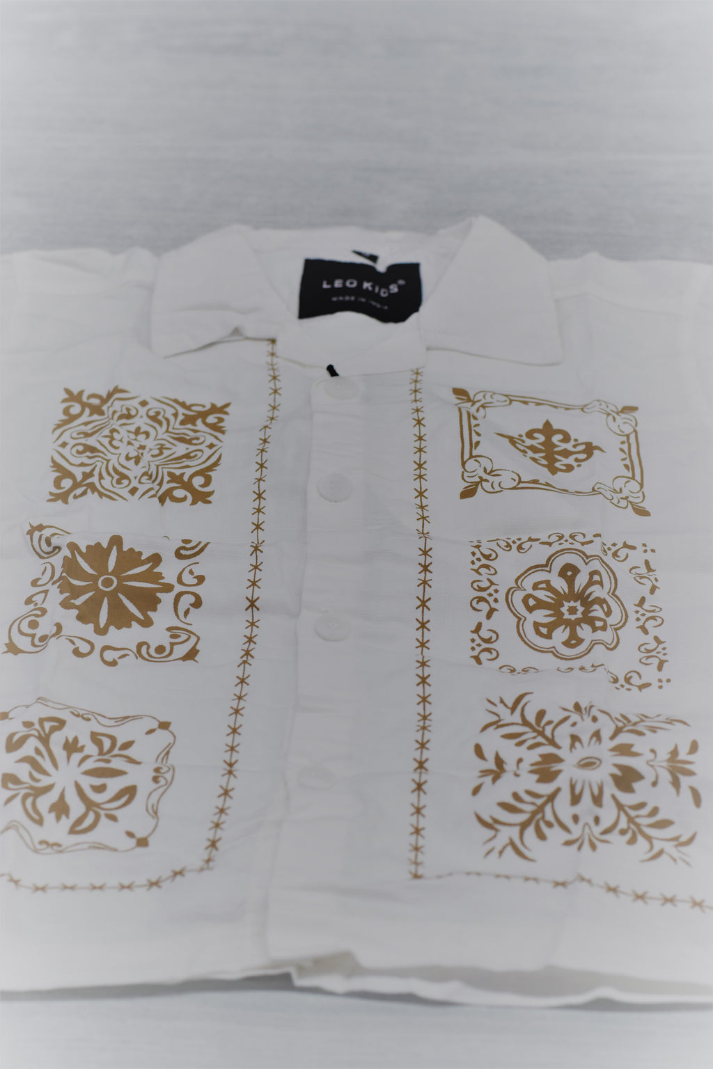 Boys Off-White Cuban Collar Shirt with Golden-Brown Motif Print