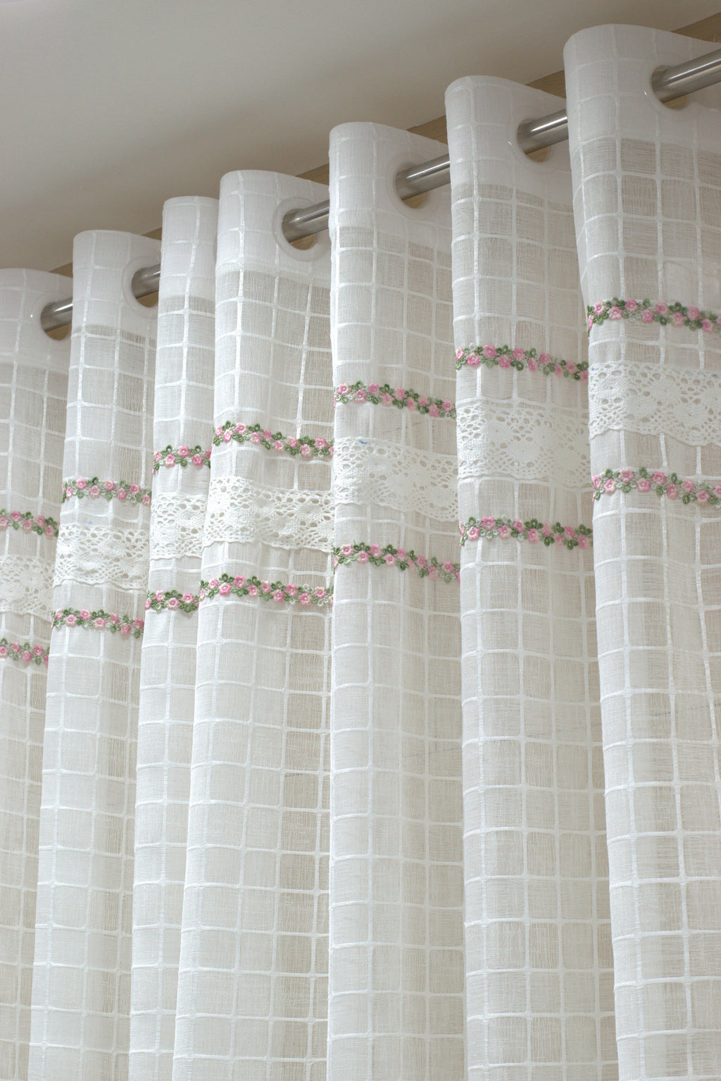 Elegant White Sheer Curtain with Floral Embroidery & Lace Border-semi linen