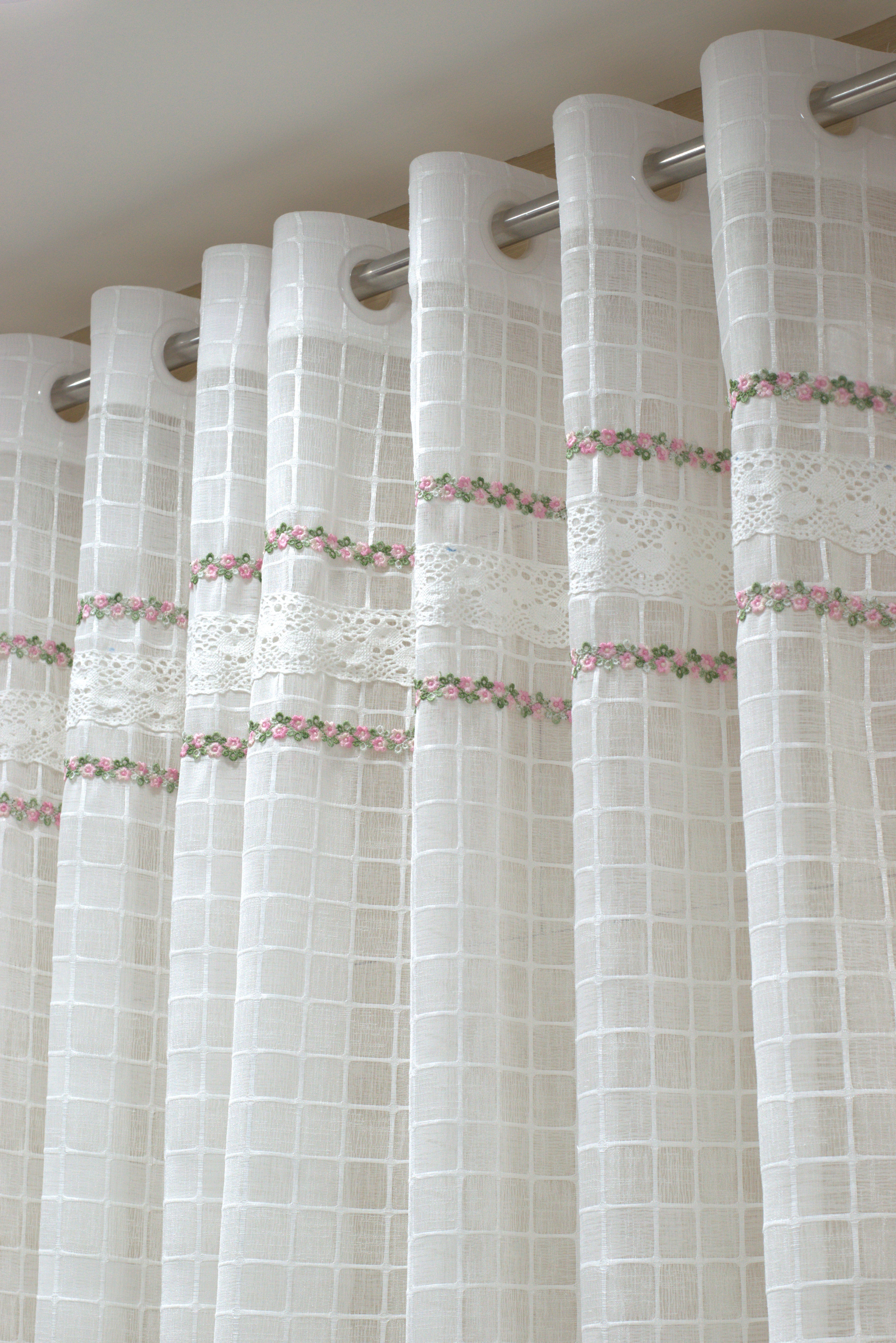 Elegant White Sheer Curtain with Floral Embroidery & Lace Border-semi linen