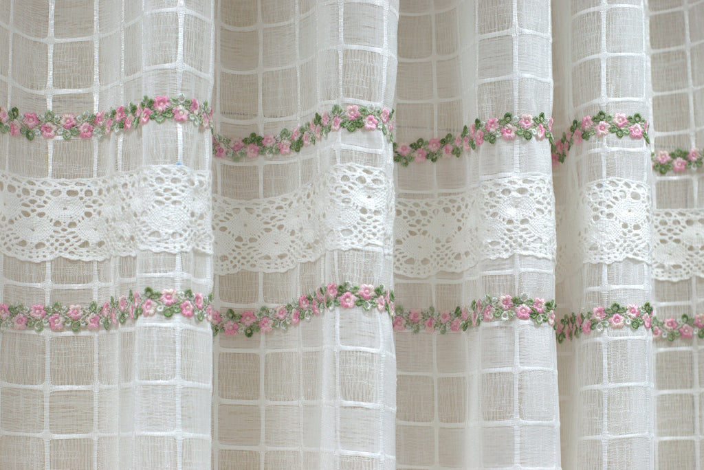 Elegant White Sheer Curtain with Floral Embroidery & Lace Border-semi linen