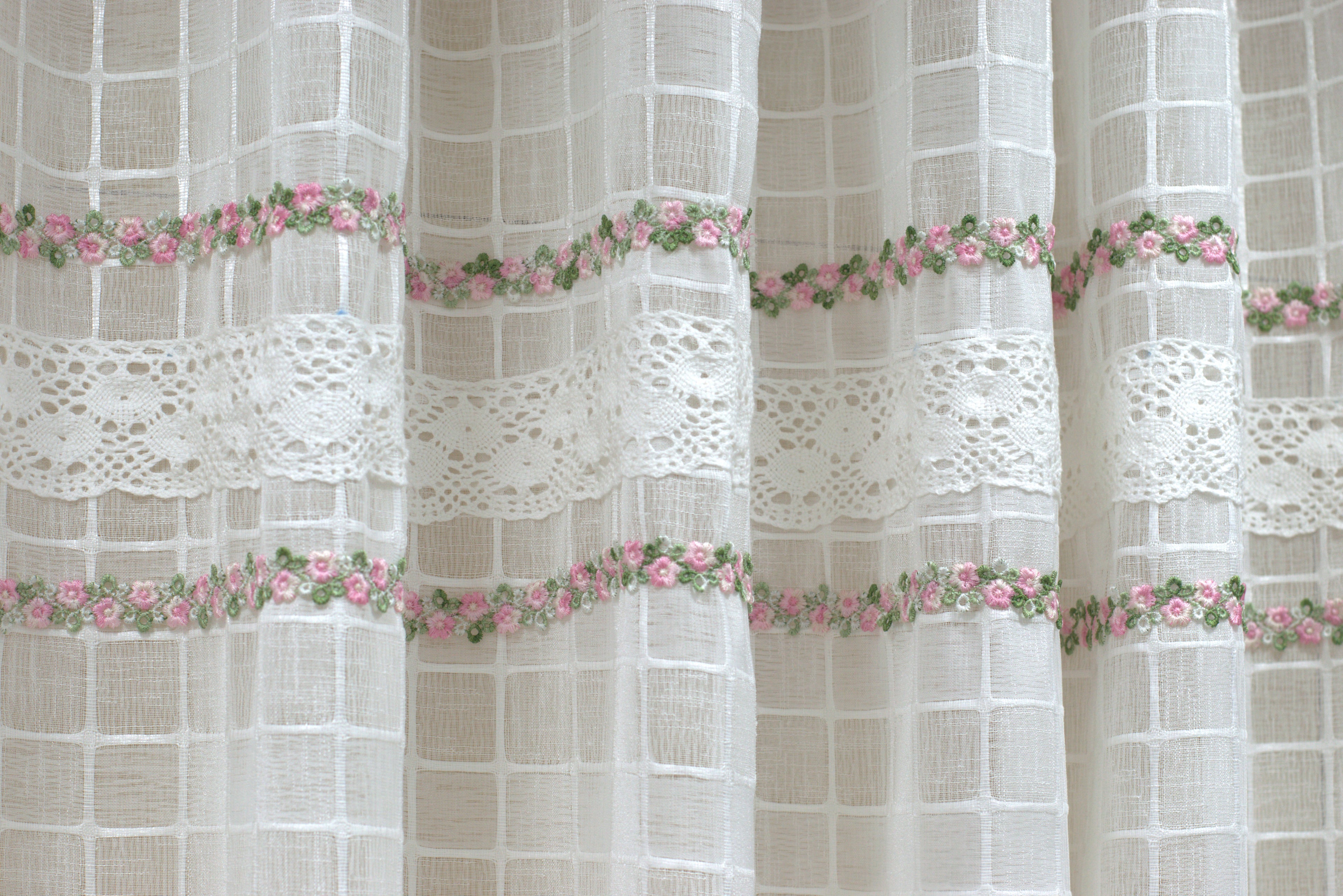 Elegant White Sheer Curtain with Floral Embroidery & Lace Border-semi linen