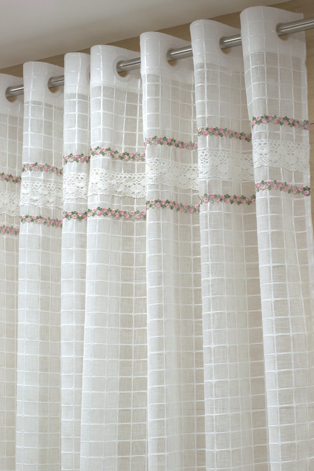 Elegant White Sheer Curtain with Floral Embroidery & Lace Border-semi linen