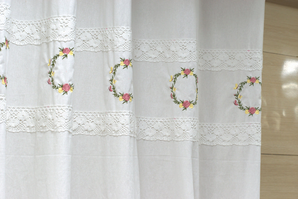 Embroidered Floral Cotton Curtain with Lace Border – White (2.10m x 122cm)